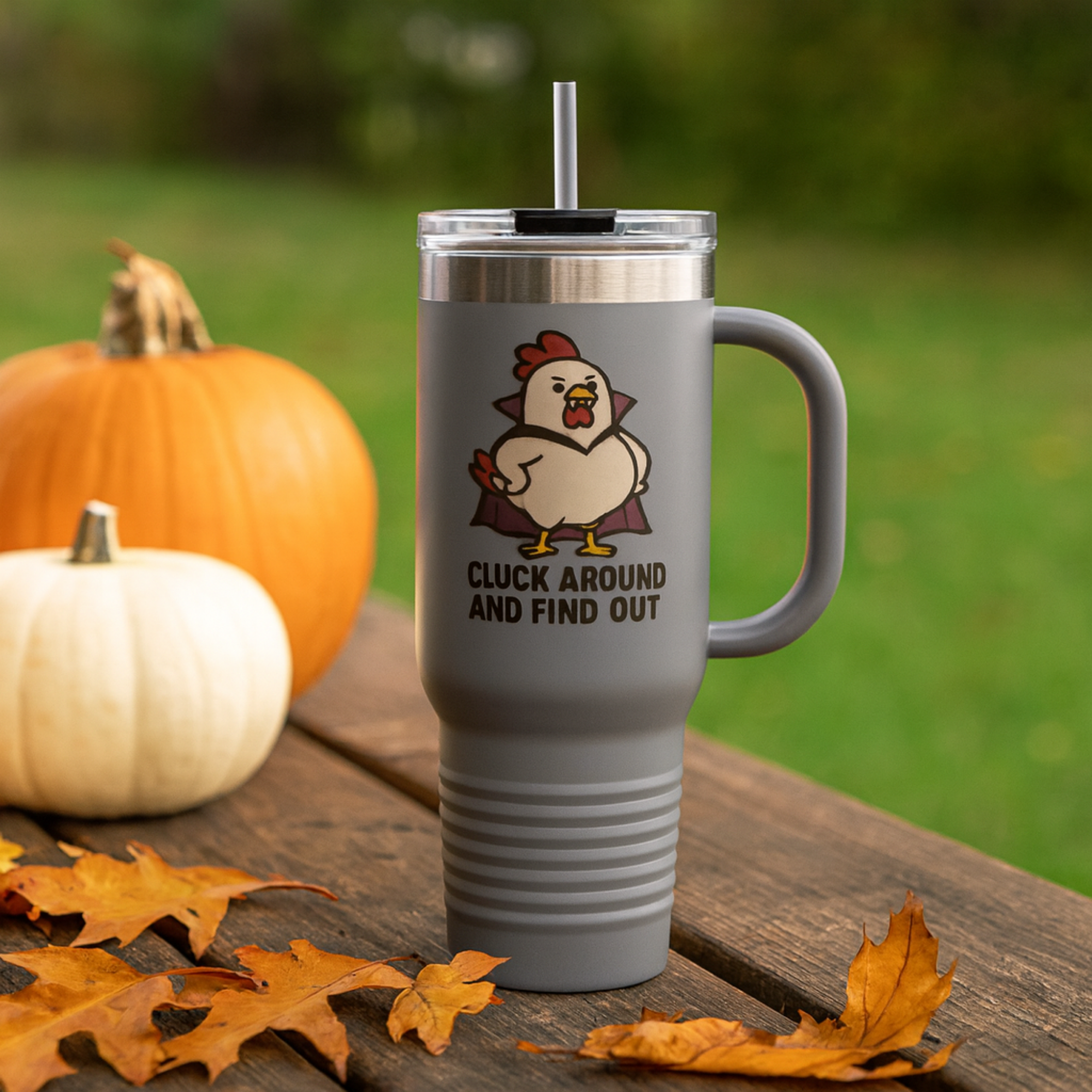 Cluck Around and Find Out Travel Mug | Funny Chicken Halloween Cup | Insulated Stainless Steel Coffee Tumbler with Handle product thumbnail image