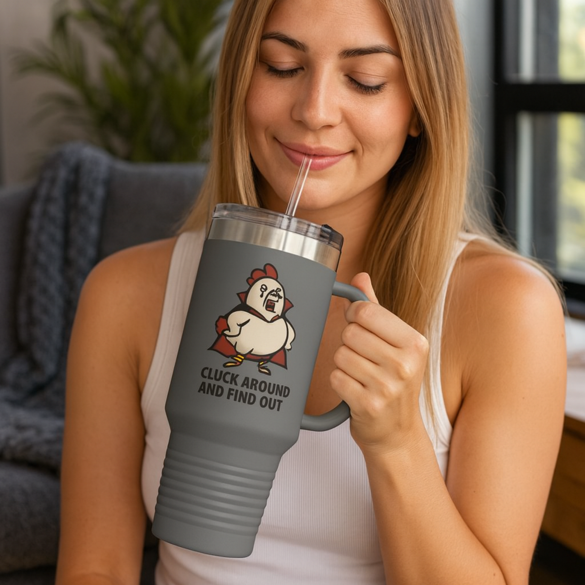 Cluck Around and Find Out Travel Mug | Funny Chicken Halloween Cup | Insulated Stainless Steel Coffee Tumbler with Handle product thumbnail image