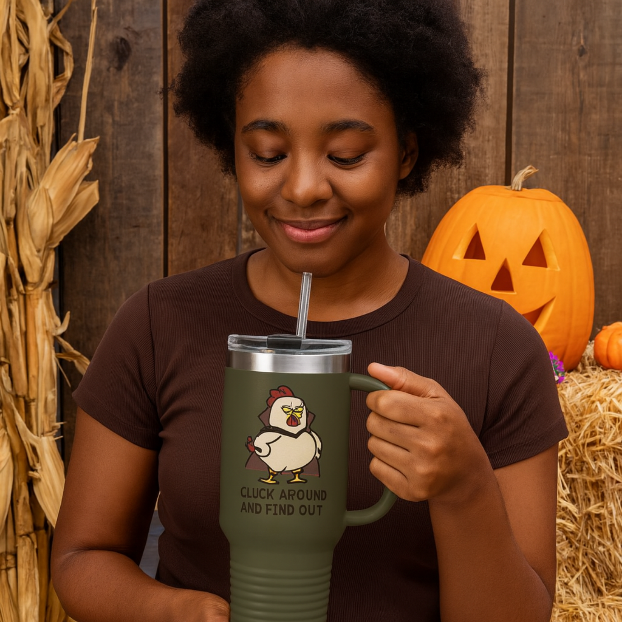 Cluck Around and Find Out Travel Mug | Funny Chicken Halloween Cup | Insulated Stainless Steel Coffee Tumbler with Handle product thumbnail image