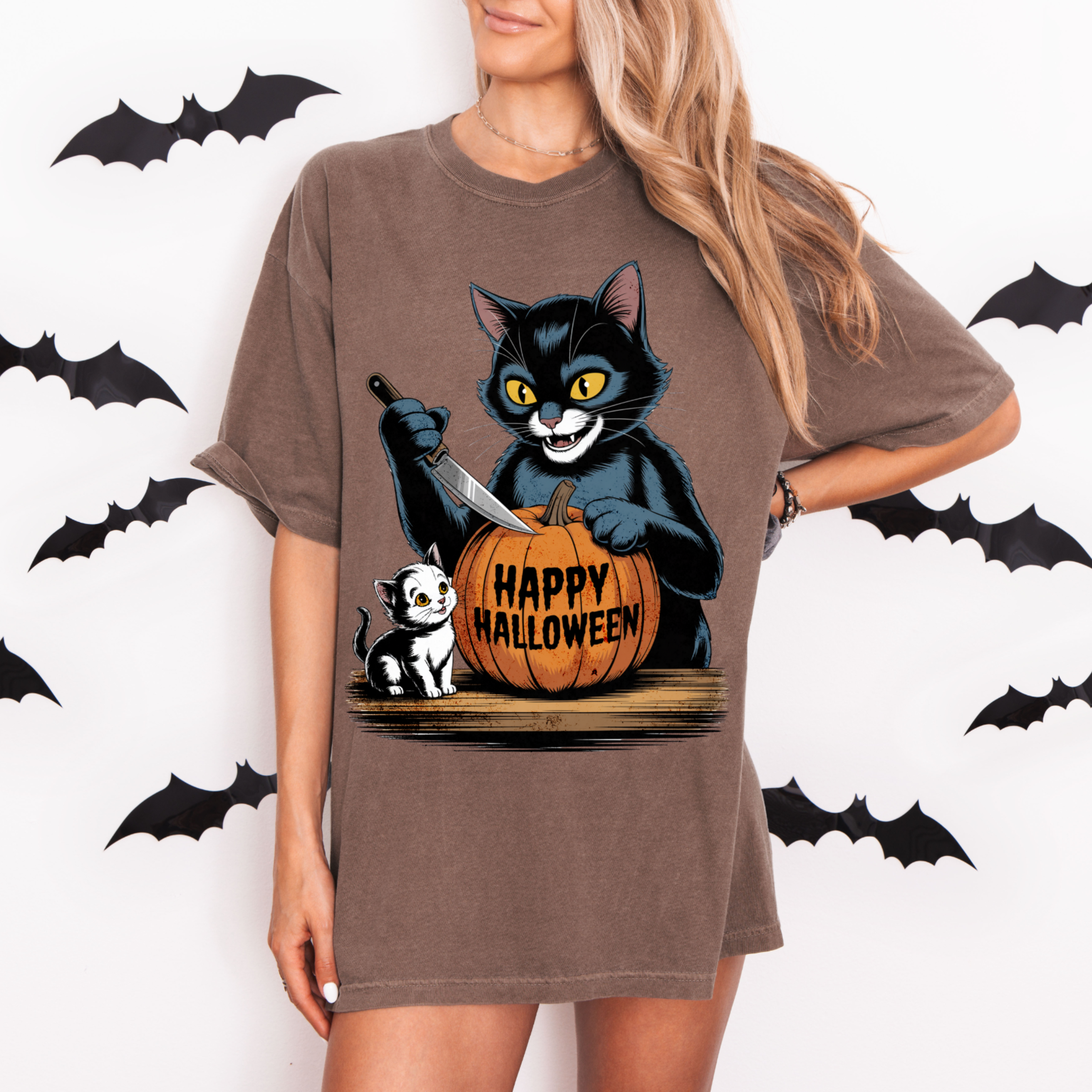 Black Cat Halloween Shirt – Funny Pumpkin Carving Graphic Tee, Spooky Season Cat Lover T-Shirt, Cute Oversized Happy Halloween Top product thumbnail image