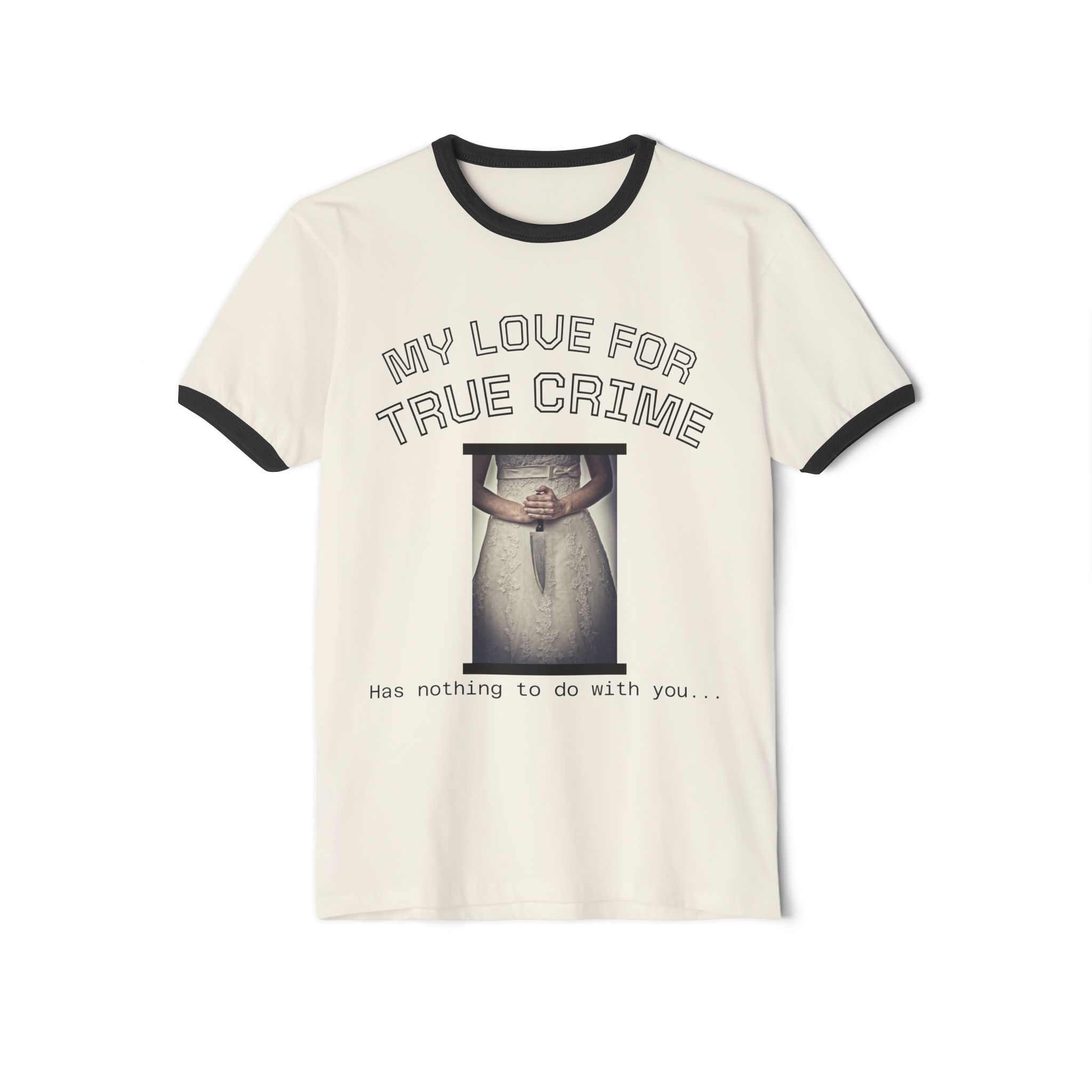 Unisex Cotton Ringer T-Shirt - My Love for True Crime, Funny Gift for True Crime Lovers, Cozy Casual Wear, Perfect for Halloween, [...] product thumbnail image