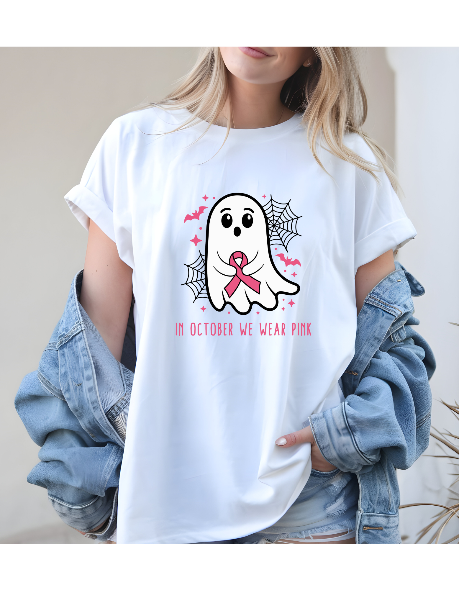 October Pink Ghost Tee, Halloween Shirt, Breast Cancer Awareness, Softstyle Women's T-Shirt, Cute Graphic Tee, October Celebrations