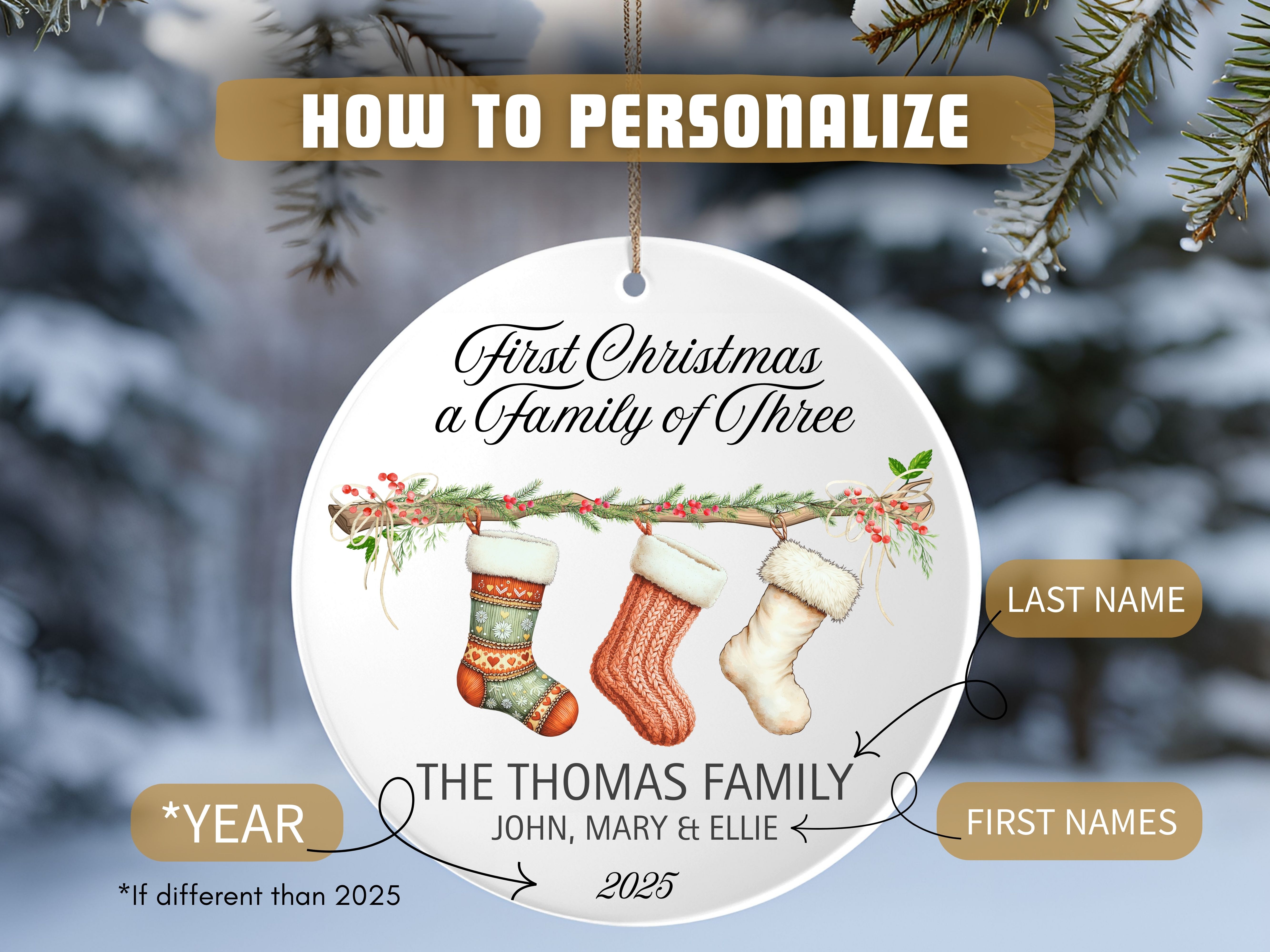 1st Christmas as a Family of Three Ornament, Family Heirloom Ornament, First Christmas Keepsake, Gift for New Parents, Holiday Memories product thumbnail image