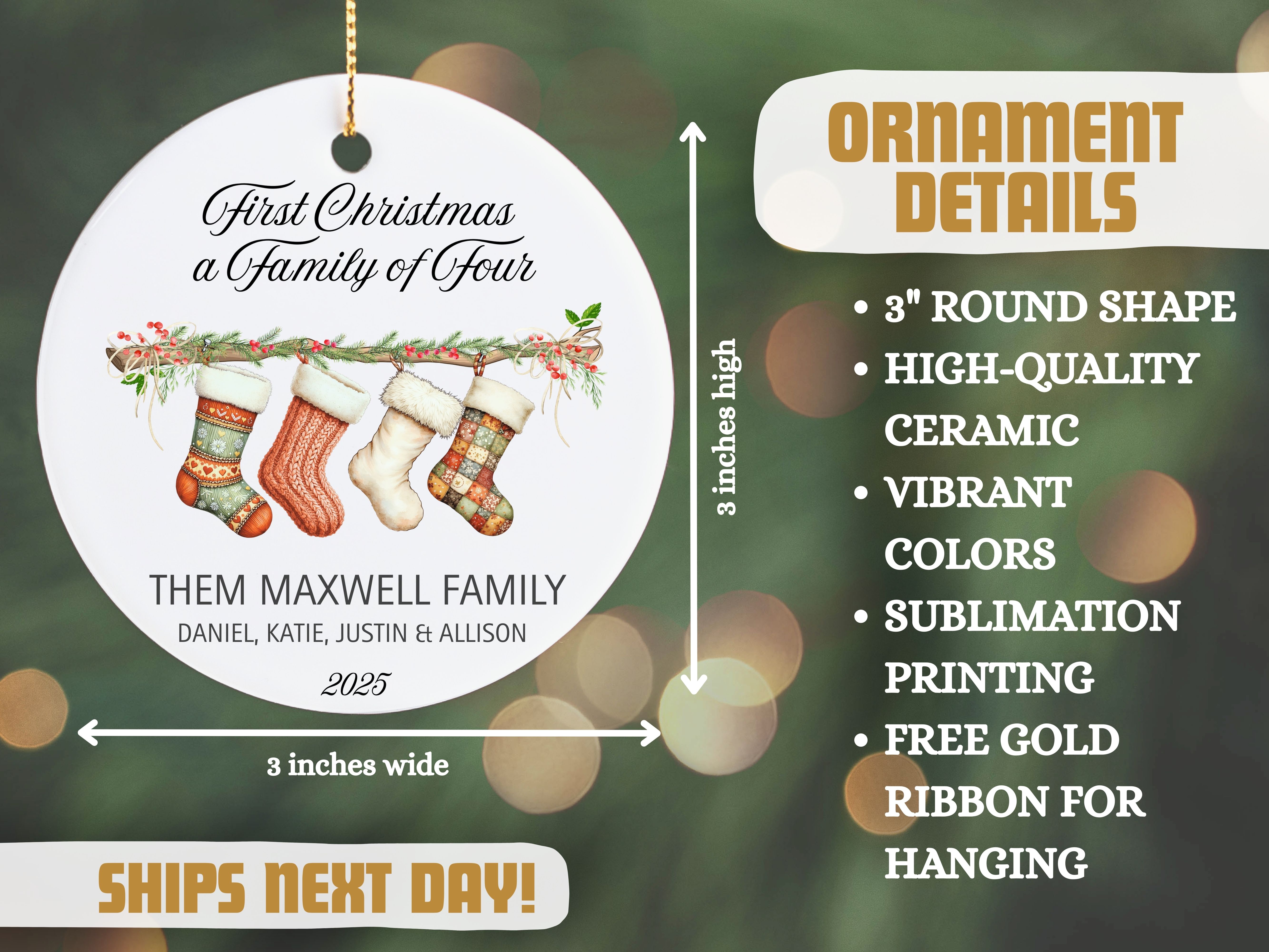 1st Christmas as a Family of Four Ornament, Family Heirloom Ornament, First Christmas Keepsake, Gift for New Parents, Holiday Memories product thumbnail image