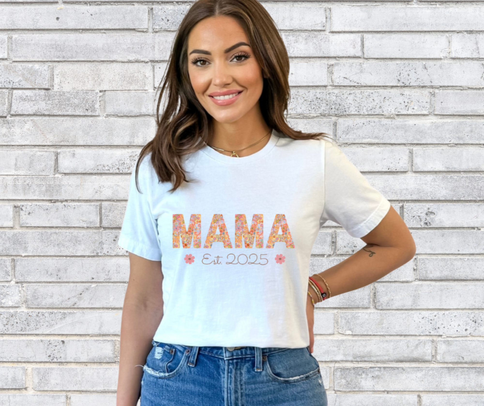 Mama Est 2025 or Personalized Year, Gildan Unisex Softstyle Short Sleeve T-Shirt, Floral Mama Shirt