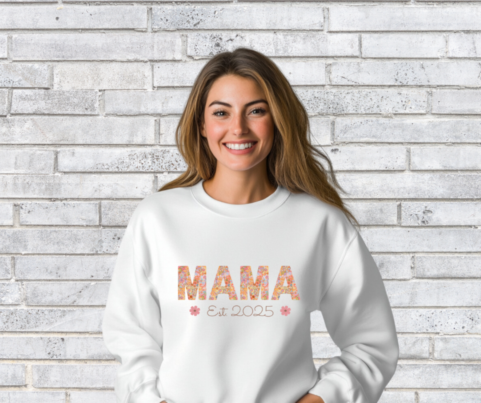 Mama Est 2025, Year Can Be Personalized, Gildan 18000 Unisex Heavy Blend™ Crewneck Sweatshirt, Floral Mama Sweatshirt