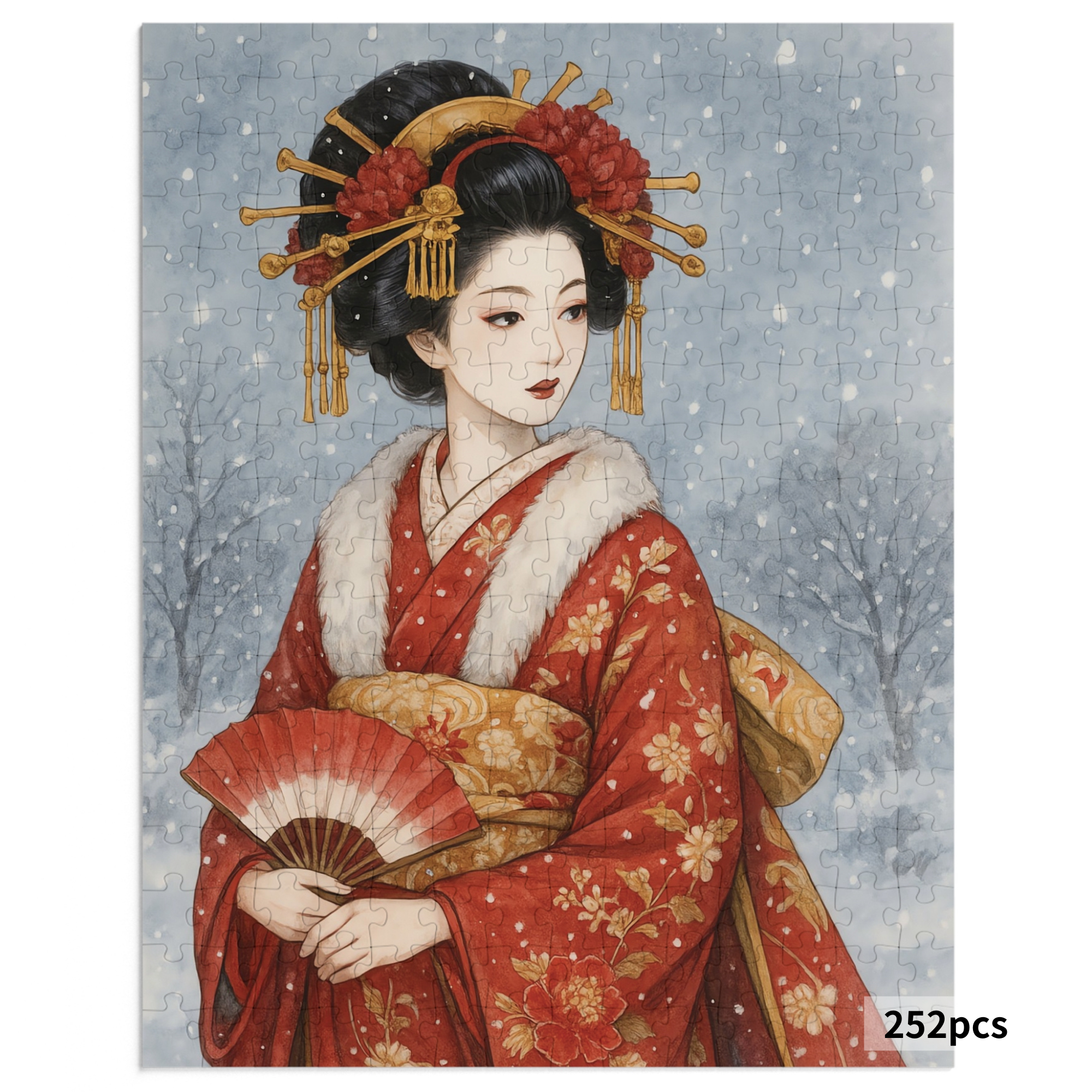 Winter Oiran in Red Kimono Puzzle – Japanese Geisha Snow Scene Watercolor Art – Limited Edition (252, 500, 1000 Pieces)