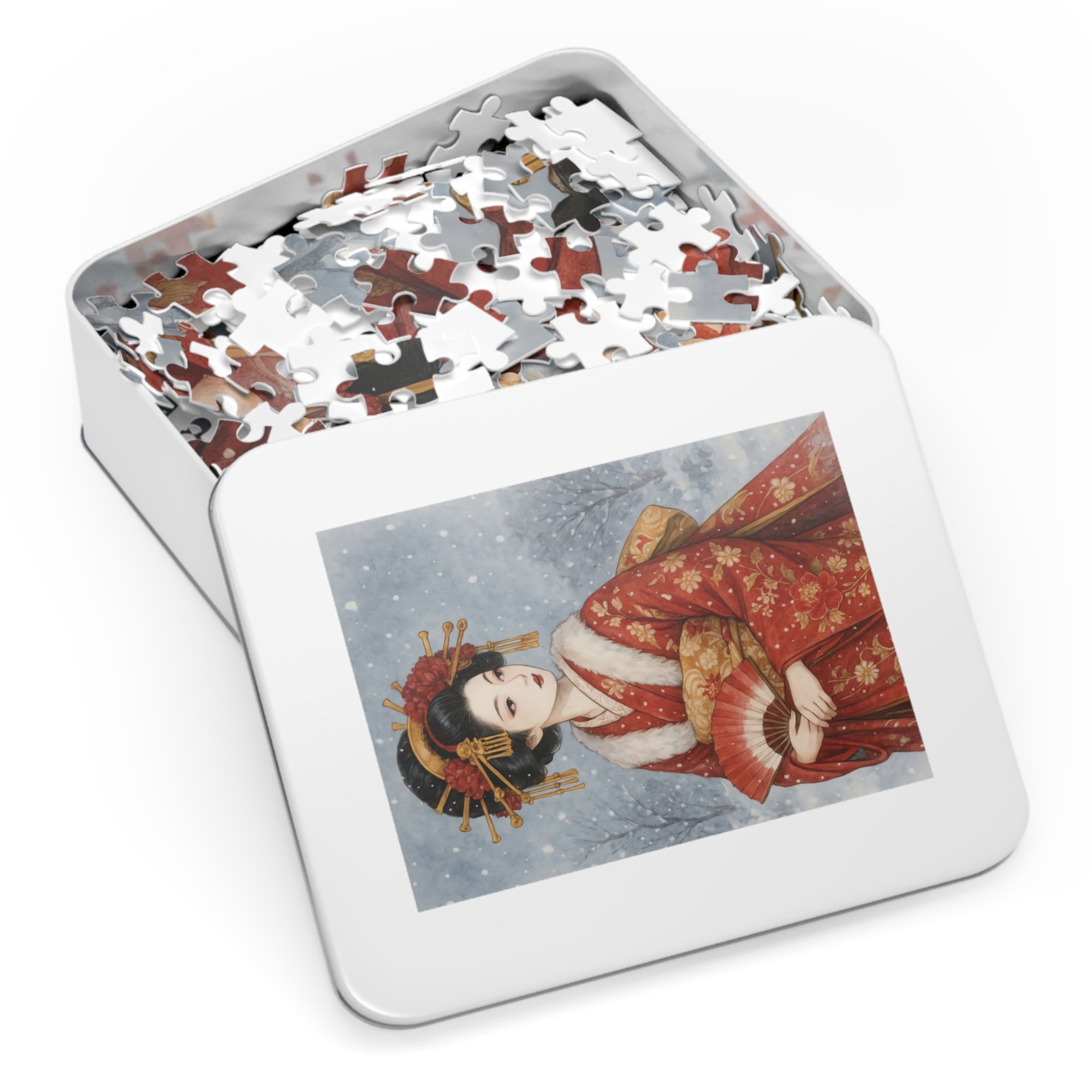 Winter Oiran in Red Kimono Puzzle – Japanese Geisha Snow Scene Watercolor Art – Limited Edition (252, 500, 1000 Pieces) product thumbnail image