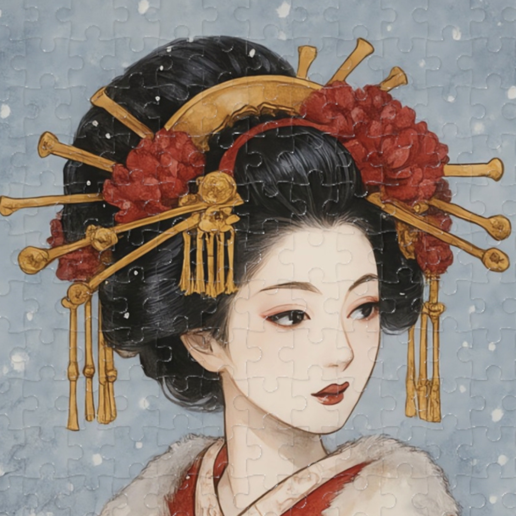 Winter Oiran in Red Kimono Puzzle – Japanese Geisha Snow Scene Watercolor Art – Limited Edition (252, 500, 1000 Pieces) product thumbnail image