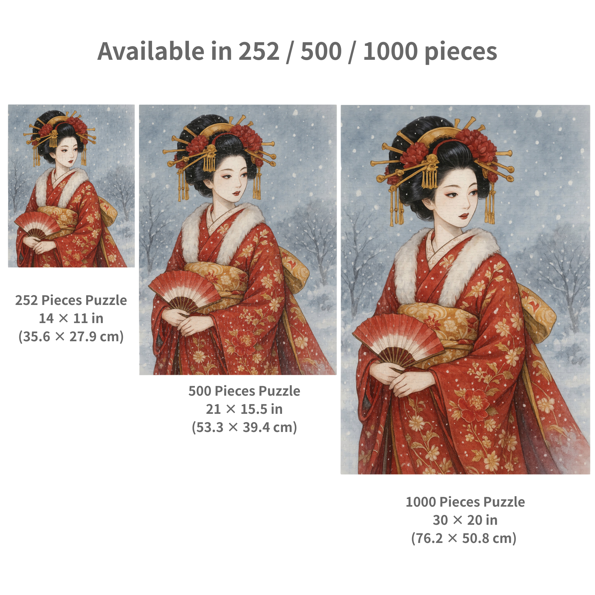 Winter Oiran in Red Kimono Puzzle – Japanese Geisha Snow Scene Watercolor Art – Limited Edition (252, 500, 1000 Pieces) product thumbnail image