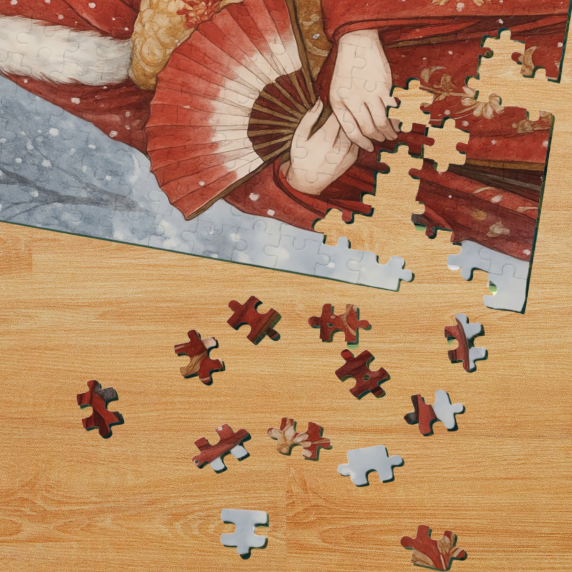 Winter Oiran in Red Kimono Puzzle – Japanese Geisha Snow Scene Watercolor Art – Limited Edition (252, 500, 1000 Pieces) product thumbnail image