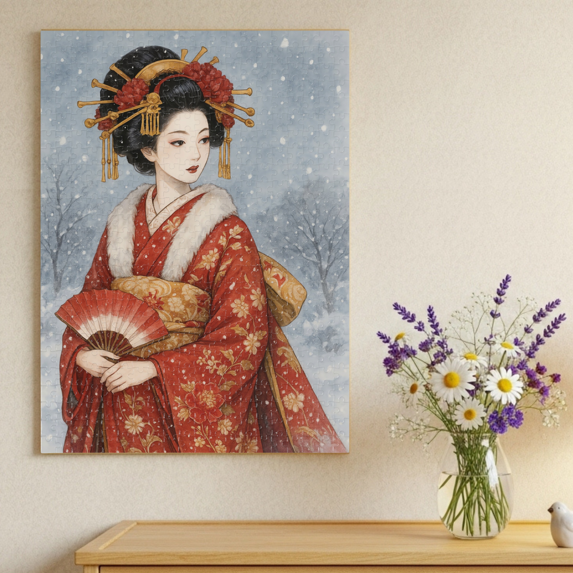 Winter Oiran in Red Kimono Puzzle – Japanese Geisha Snow Scene Watercolor Art – Limited Edition (252, 500, 1000 Pieces) product thumbnail image