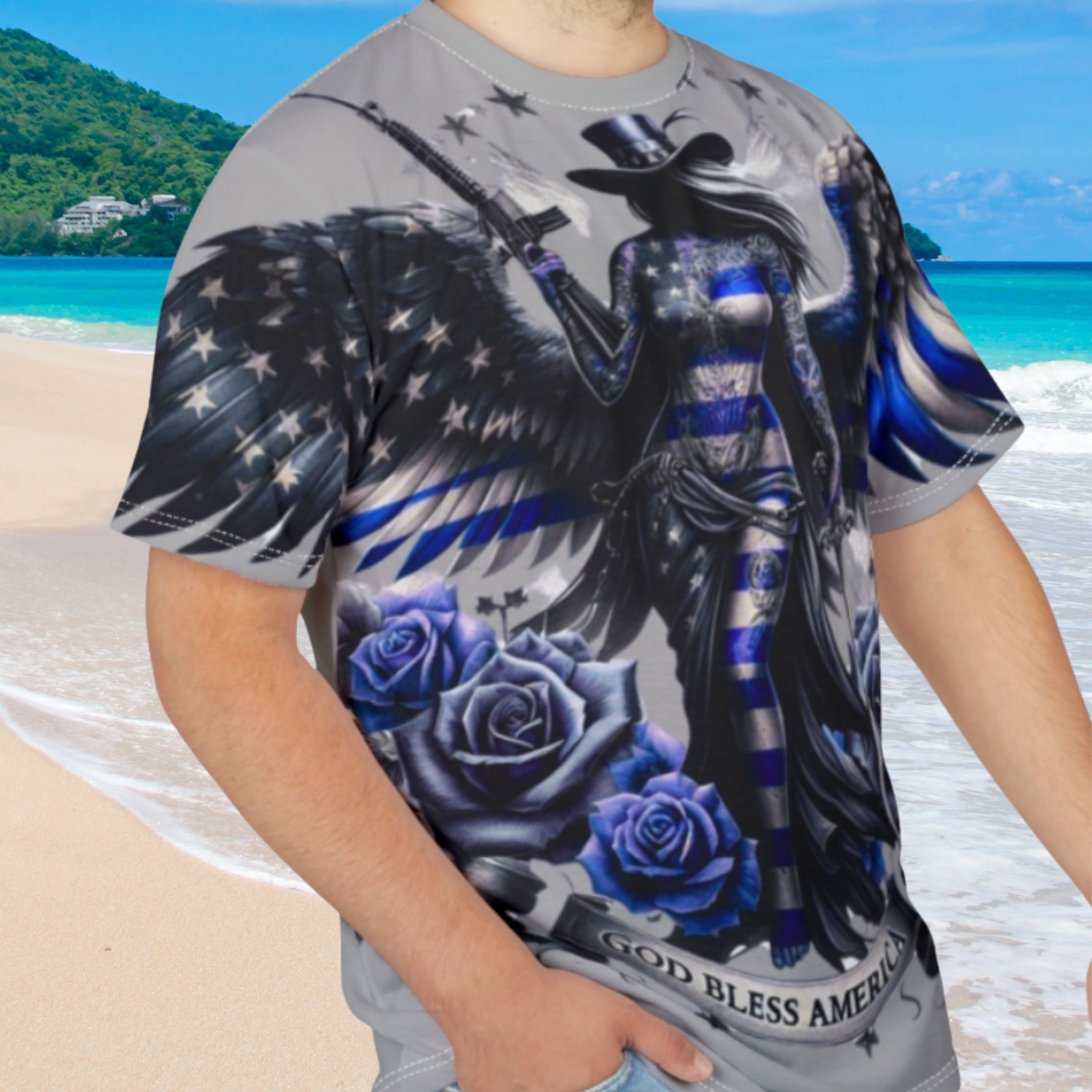 Patriotic Graphic Tee - God Bless America Design, Unisex Cut &amp; Sew T-Shirt, American Pride, Statement Top, Holiday Apparel, Gift for [...] product thumbnail image