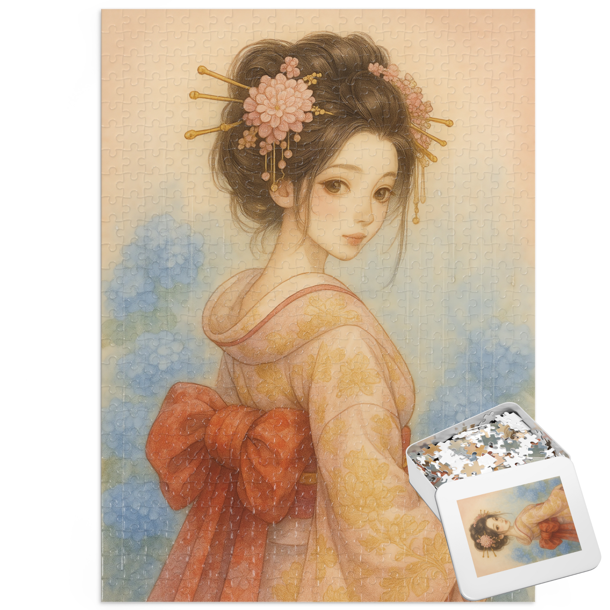 Japanese Kimono Woman Puzzle – Geisha-Inspired Art with Hydrangeas | Elegant Japanese Gift (252 / 500 / 1000 Pieces)