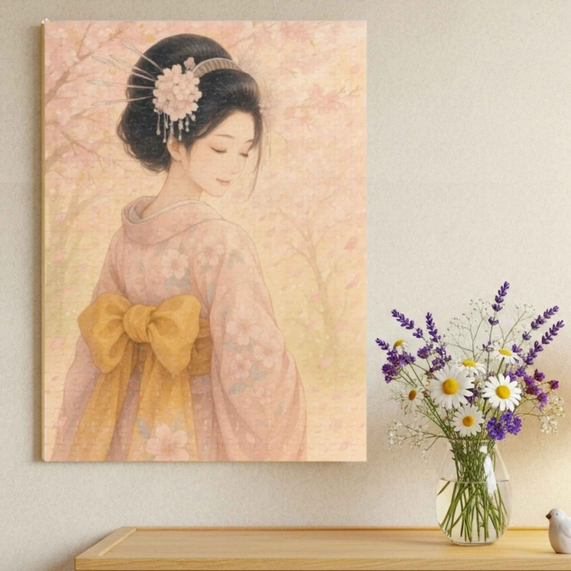 桜芸者ジグソーパズル - 日本の着物水彩画 - リラックスできるパズルギフト - 252 / 500 / 1000ピース product thumbnail image