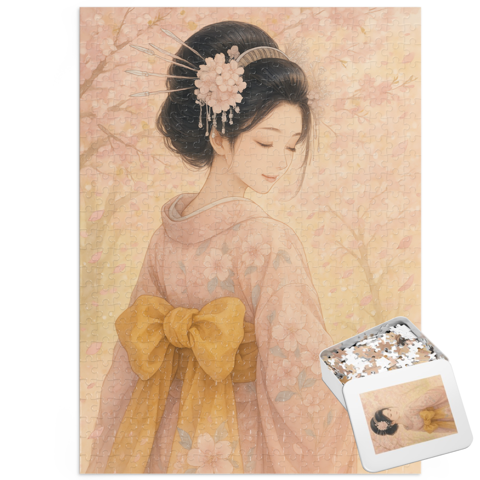 桜芸者ジグソーパズル - 日本の着物水彩画 - リラックスできるパズルギフト - 252 / 500 / 1000ピース