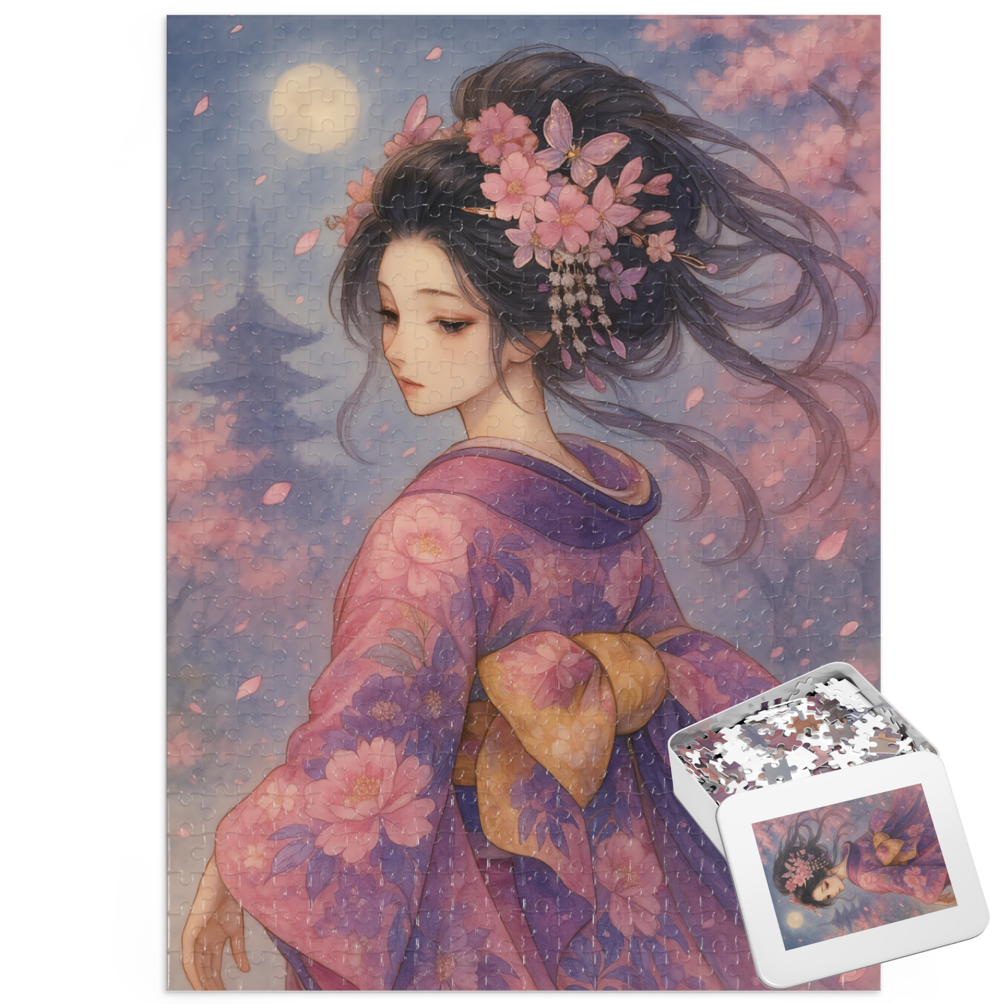 Lavender Reverie Cherry Blossom Path under the Full Moon : A Japanese Art Puzzle by SakuraWaStyle