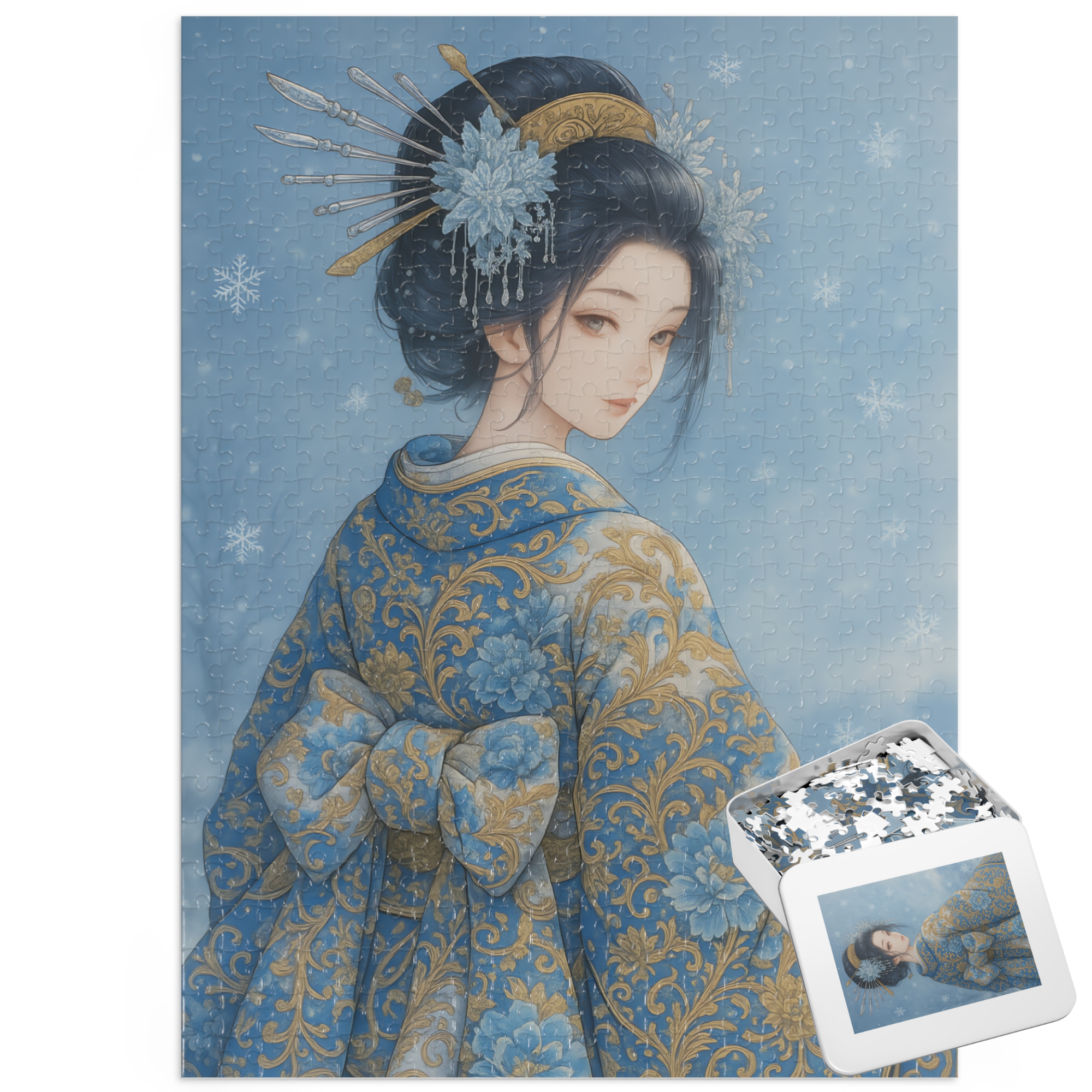 Winter Snow Geisha Puzzle – Japanese Kimono Jigsaw – Watercolor Art Gift for Adults – 252 / 500 / 1000 Pieces