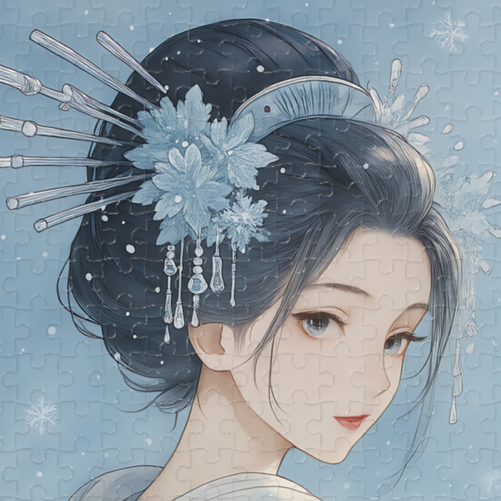Silent Snow Geisha Puzzle – Japanese Winter Kimono Jigsaw – Watercolor Art Relaxing Gift – 252 / 500 / 1000 Pieces product thumbnail image