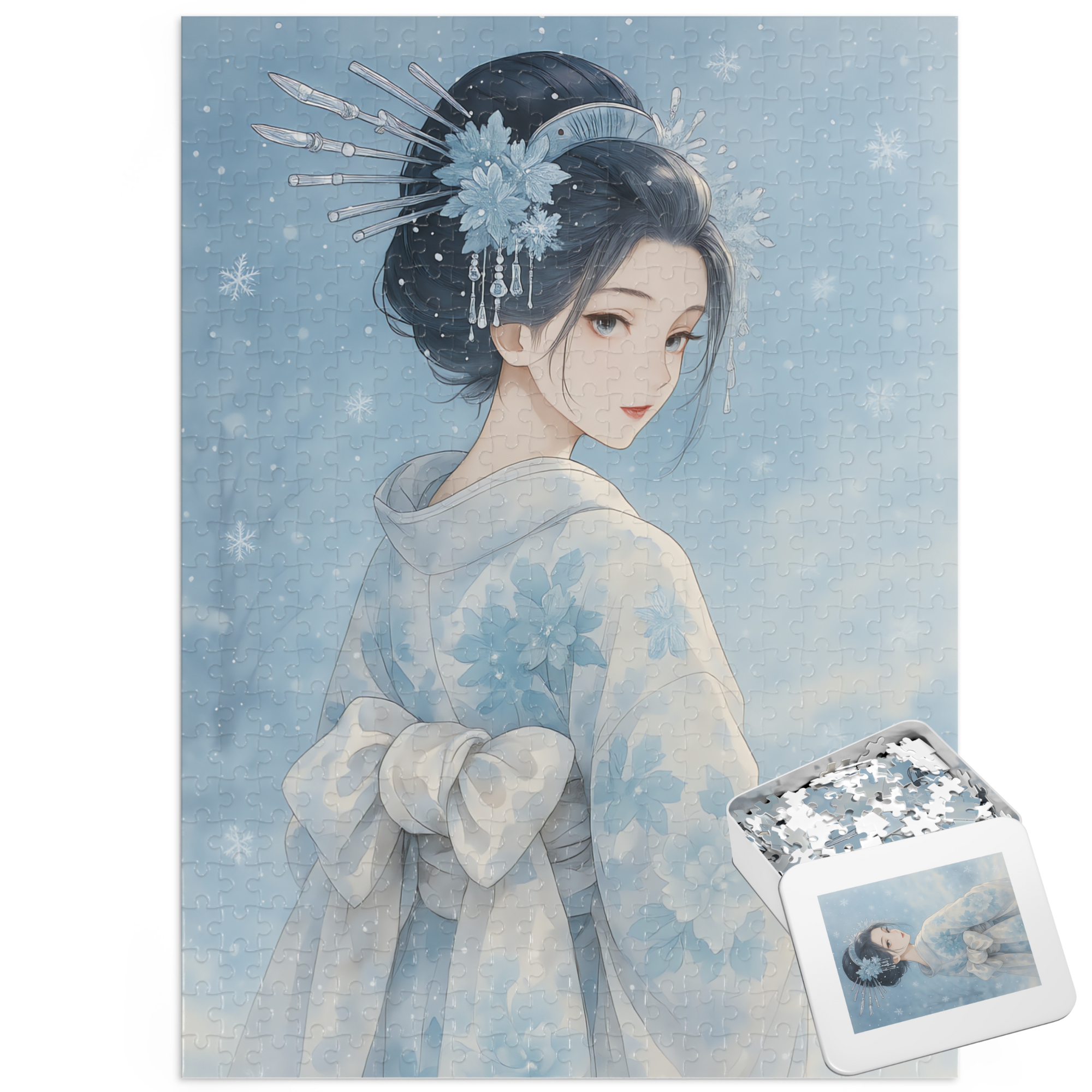 Silent Snow Geisha Puzzle – Japanese Winter Kimono Jigsaw – Watercolor Art Relaxing Gift – 252 / 500 / 1000 Pieces