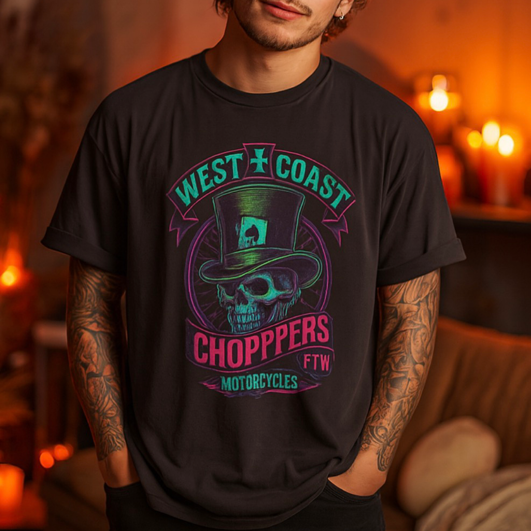 West Coast Choppers Neon Skull Biker T-Shirt FTW Motorcycle Tee Vintage Biker 