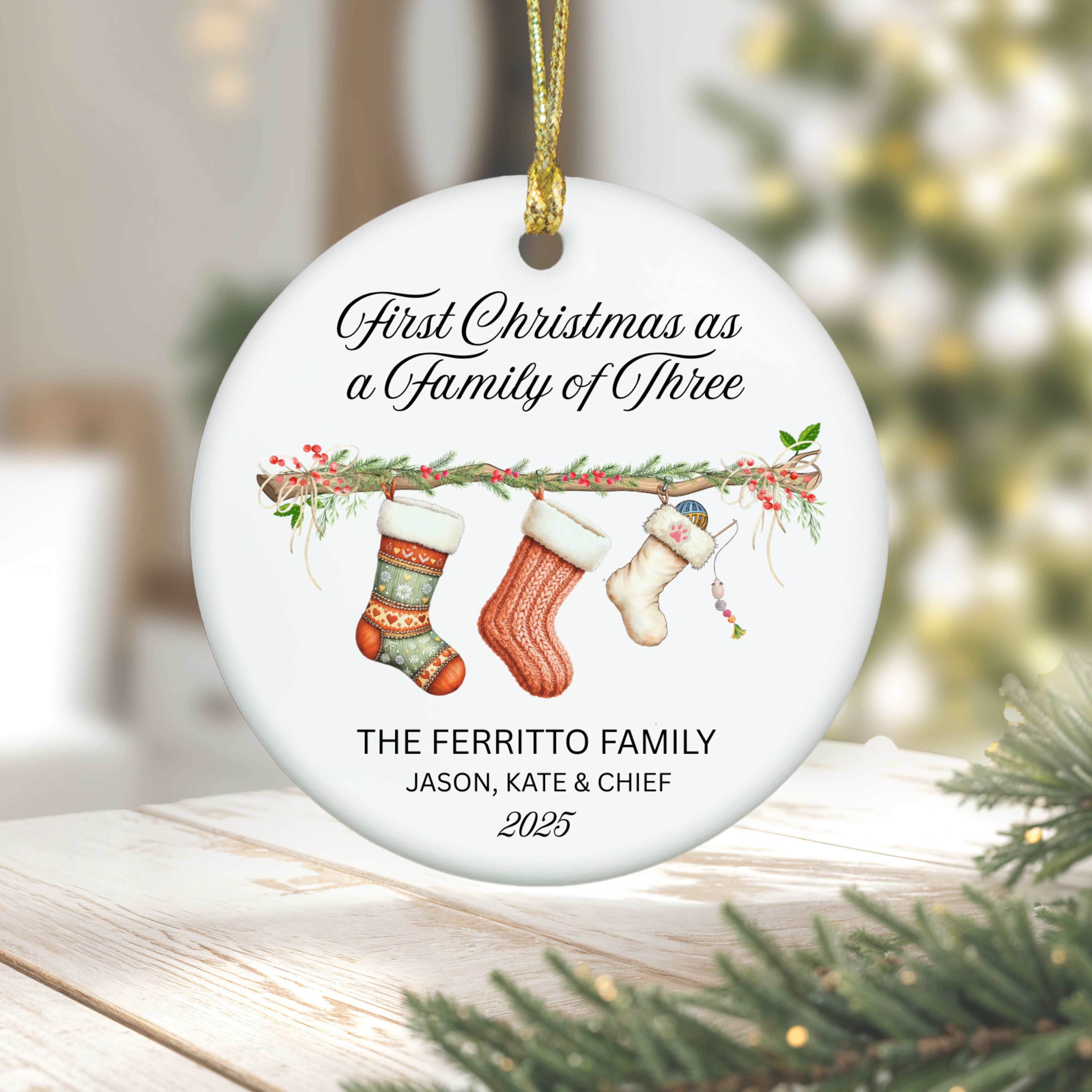 Cat Parent 1st Christmas as a Family of Three Ornament, Family Heirloom Ornament, First Christmas Keepsake, Gift for New Pet Parents