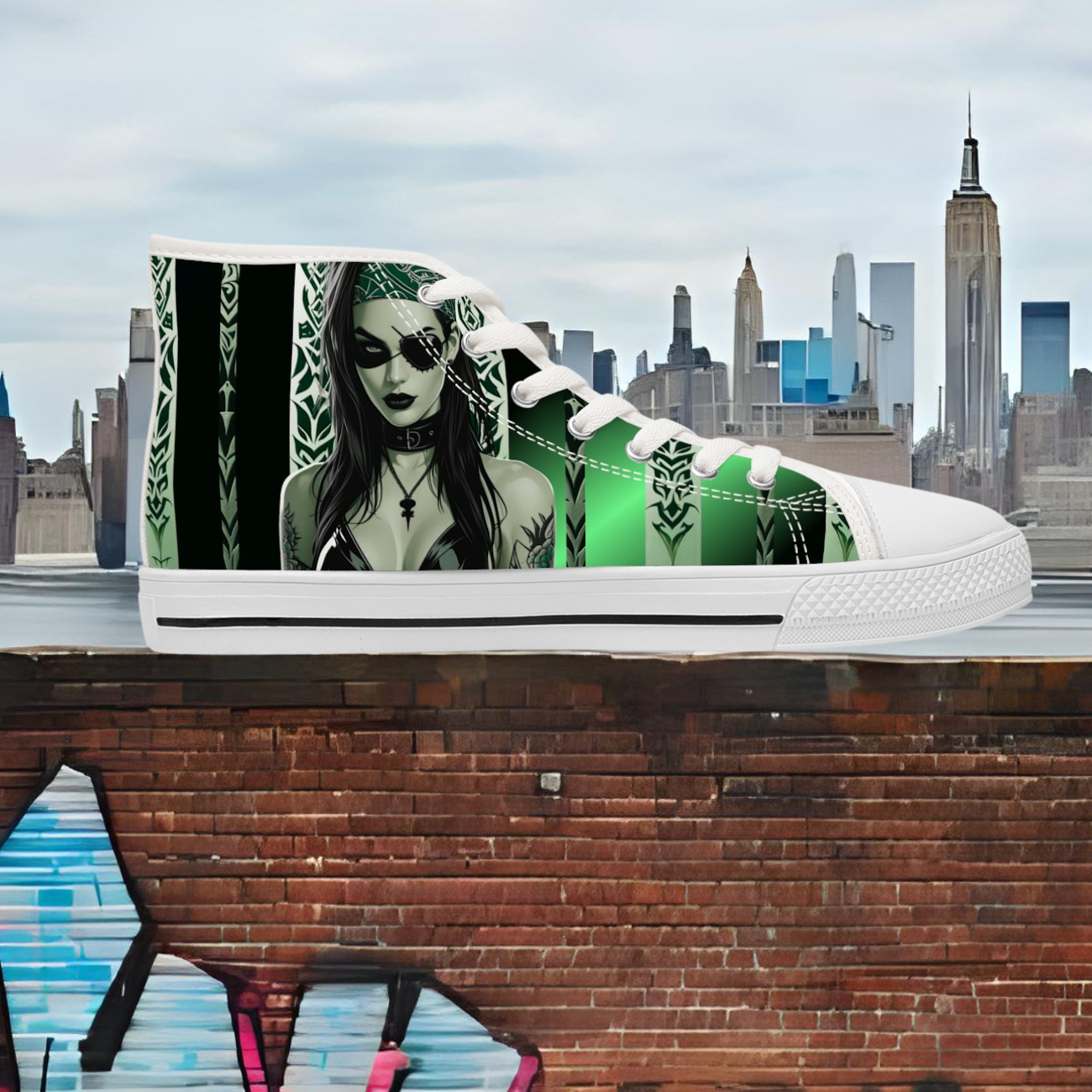 Stylish Women's High Top Sneakers with Edgy Green Design, Fashionable Footwear, Unique Gift for Her, Trendy Sneakers, Halloween Shoes, [...] product thumbnail image