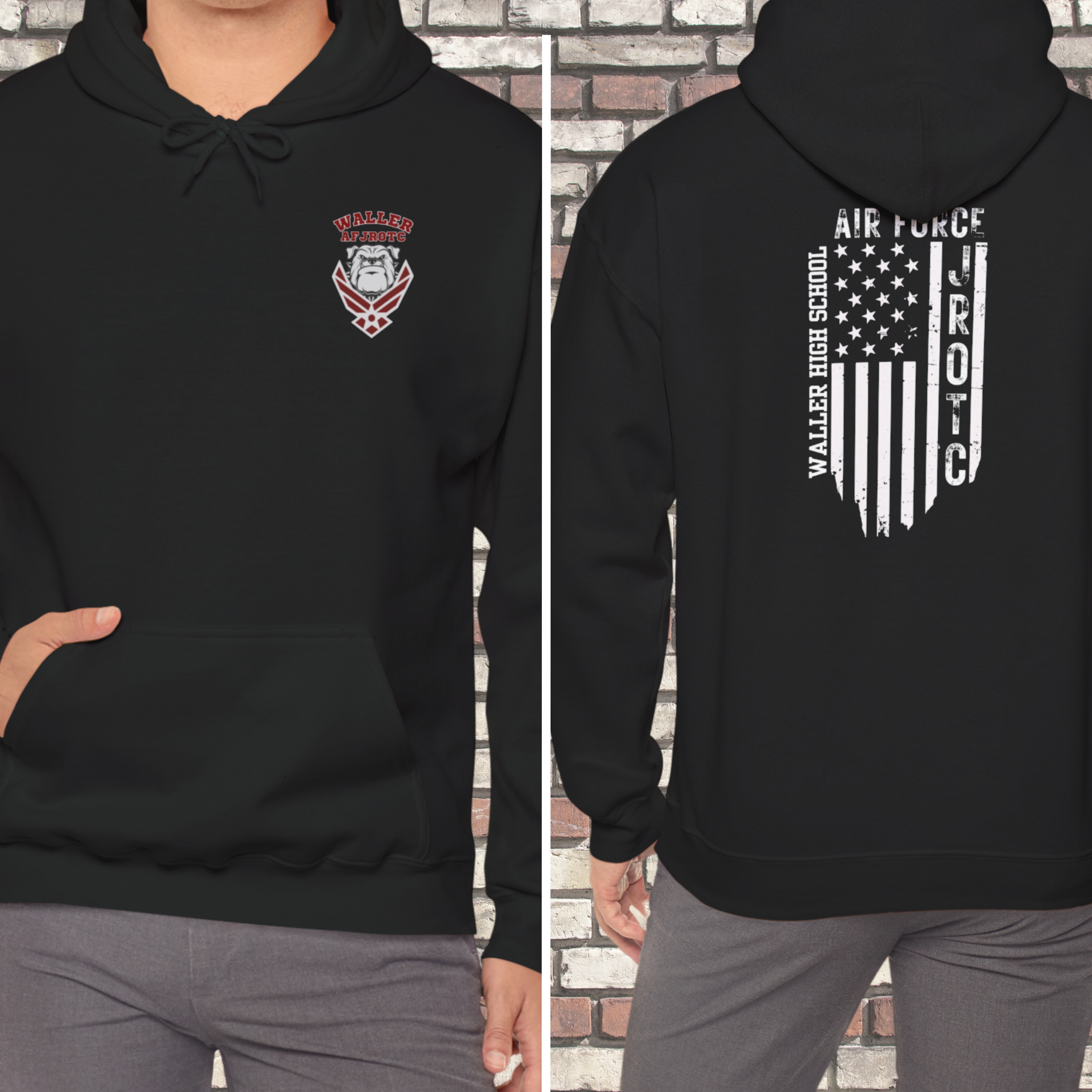 Waller High School AFJROTC Hoodie-Bulldog Pocket Logo on Front-Distressed Flag Design on back-Unisex Heavy Blend™ Hooded Sweatshirt
