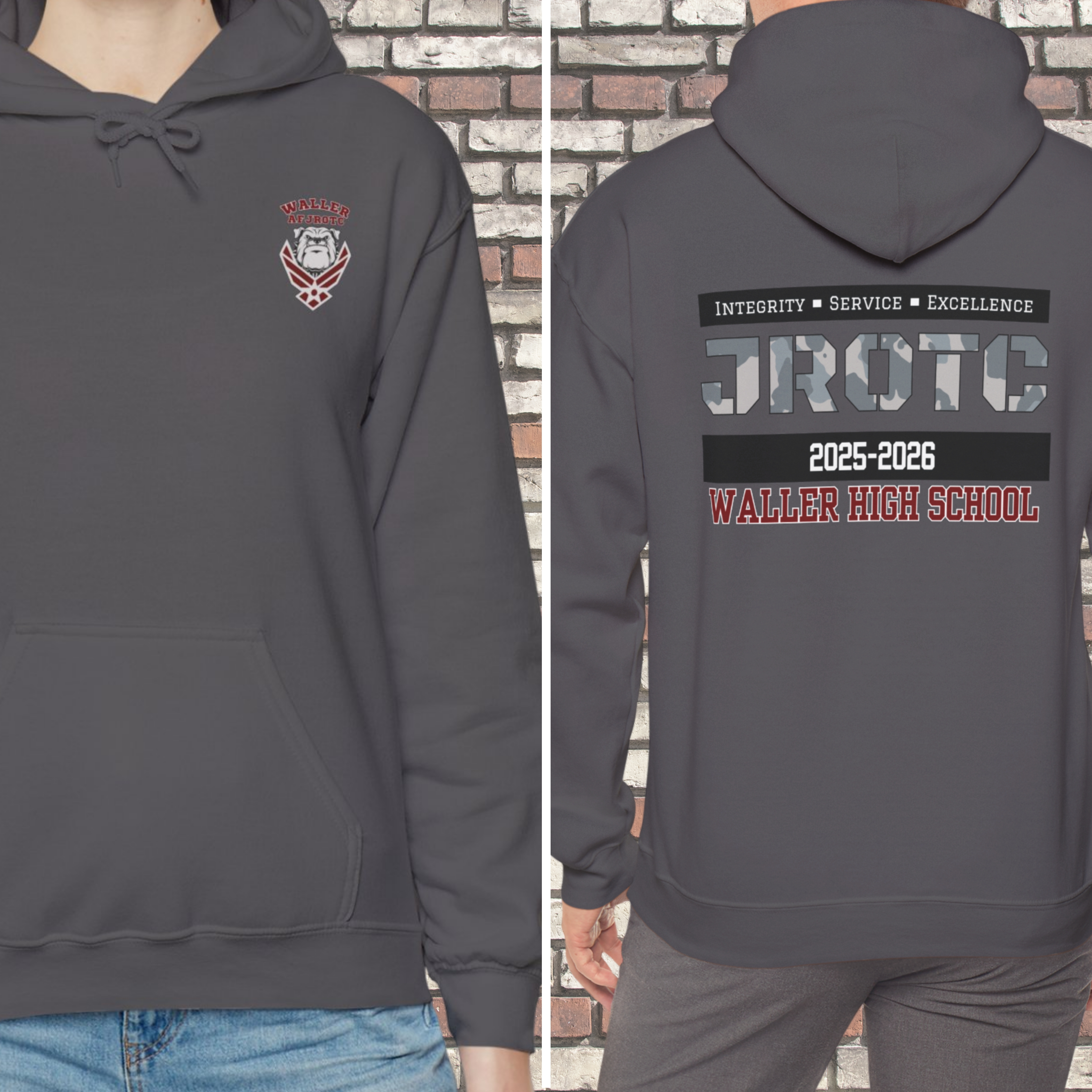 Waller High School AFJROTC Hooded Sweatshirt-Can be personalized with a name or title under front pocket logo Waller High School AFJROTC Hooded Sweatshirt-Can be personalized with a name or title under front pocket logo