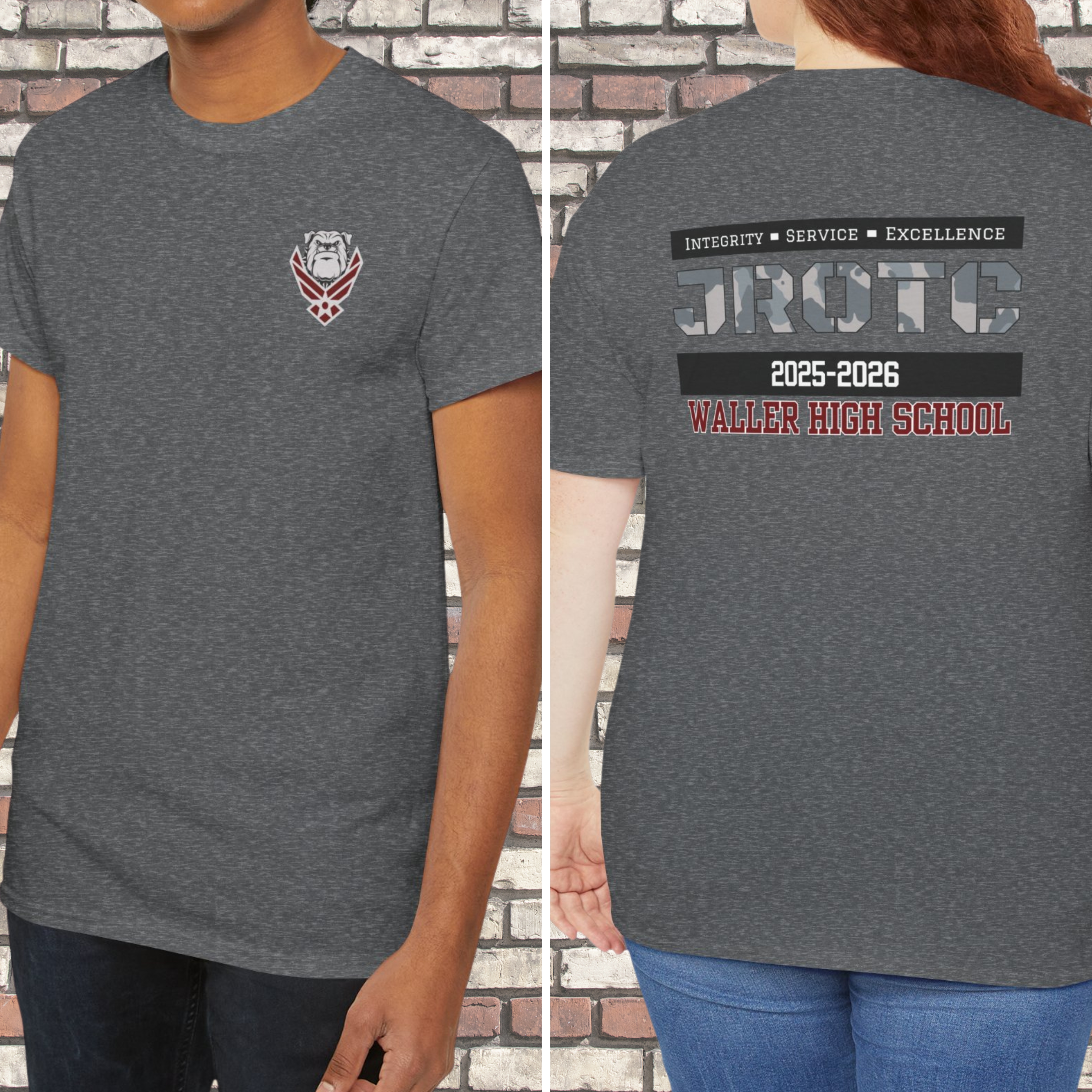Waller High School JROTC 2025-2026 T-Shirt - Bulldog & Air Force Logo - Front & Back of Shirt Design - Personalize Waller High School JROTC 2025-2026 T-Shirt - Bulldog & Air Force Logo - Front & Back of Shirt Design - Personalize