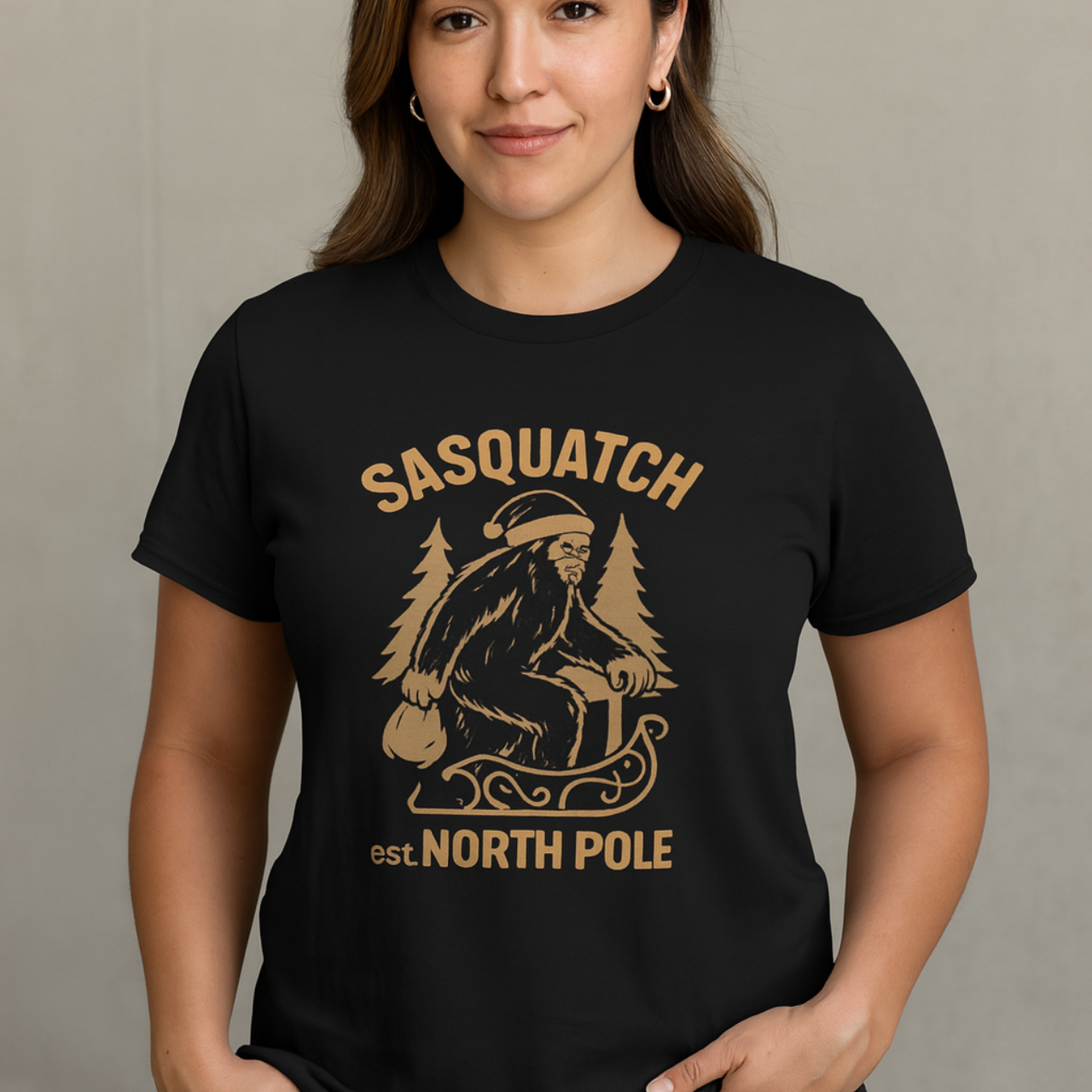 Sasquatch Christmas T-Shirt, Holiday Apparel, Funny Gift, Unisex Softstyle Tee, North Pole Design, Casual Wear, Christmas Party Shirt
