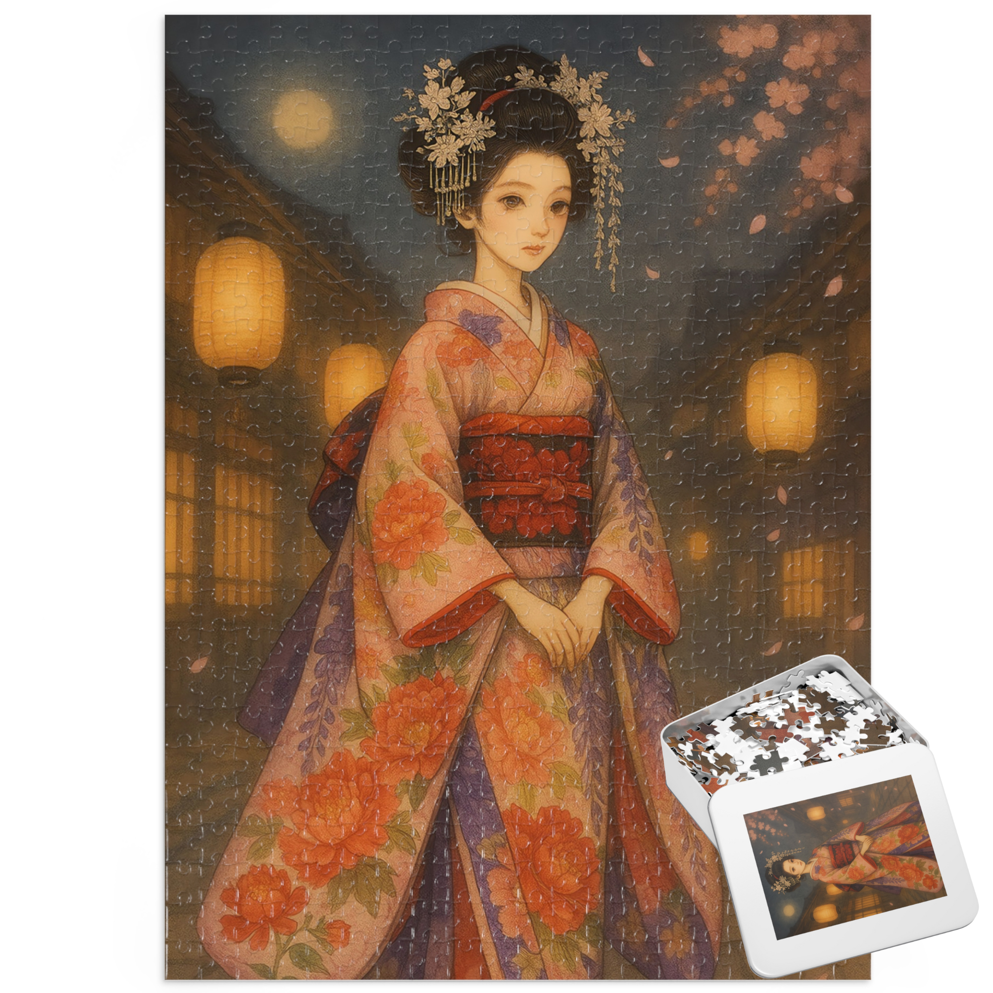 Kimono Beauty Puzzle – Moonlight and Cherry Blossoms (252 / 500 / 1000 Pieces)