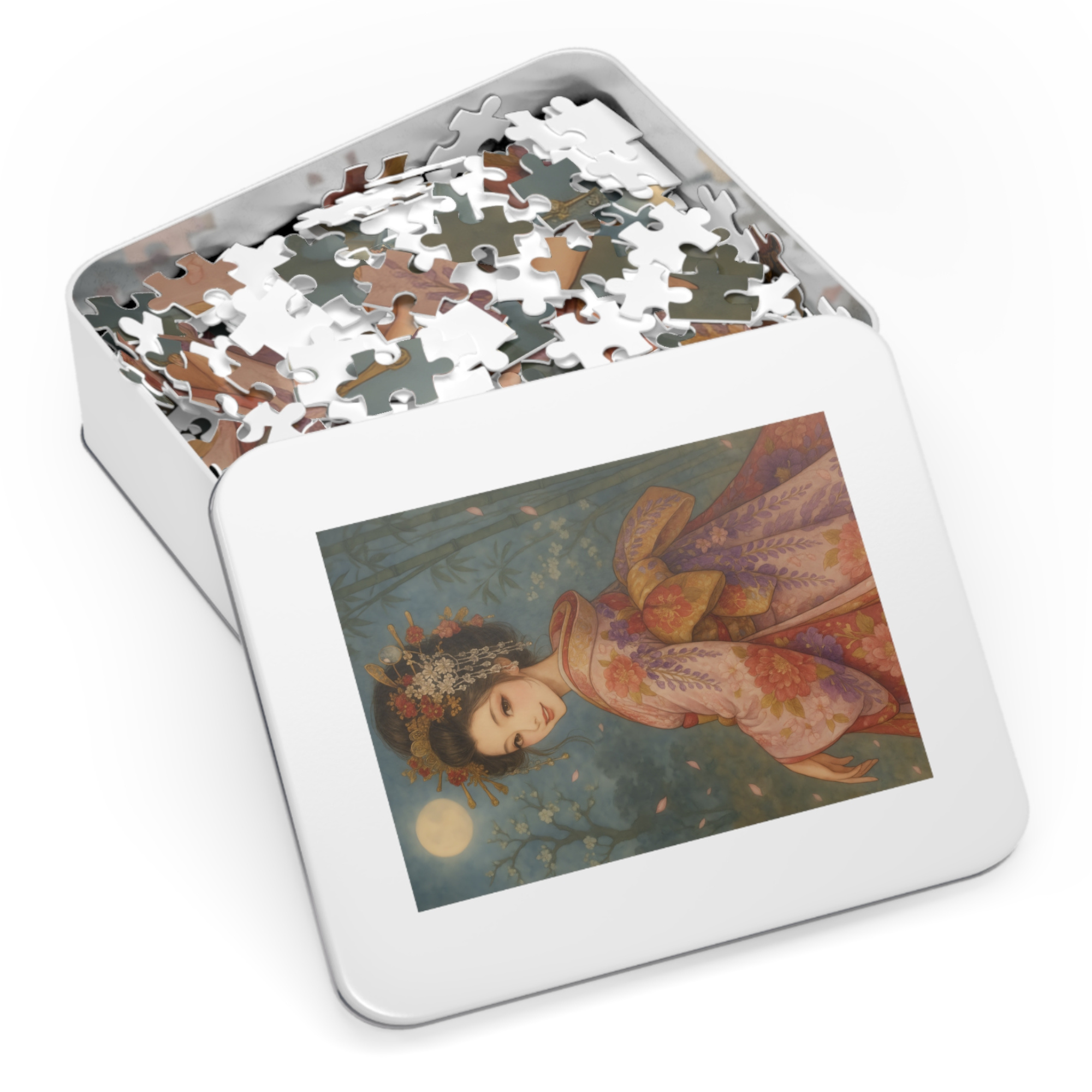Twilight Blossom｜Japanese Kimono Woman Under Sakura Petals : A Japanese Art Puzzle by SakuraWaStyle product thumbnail image