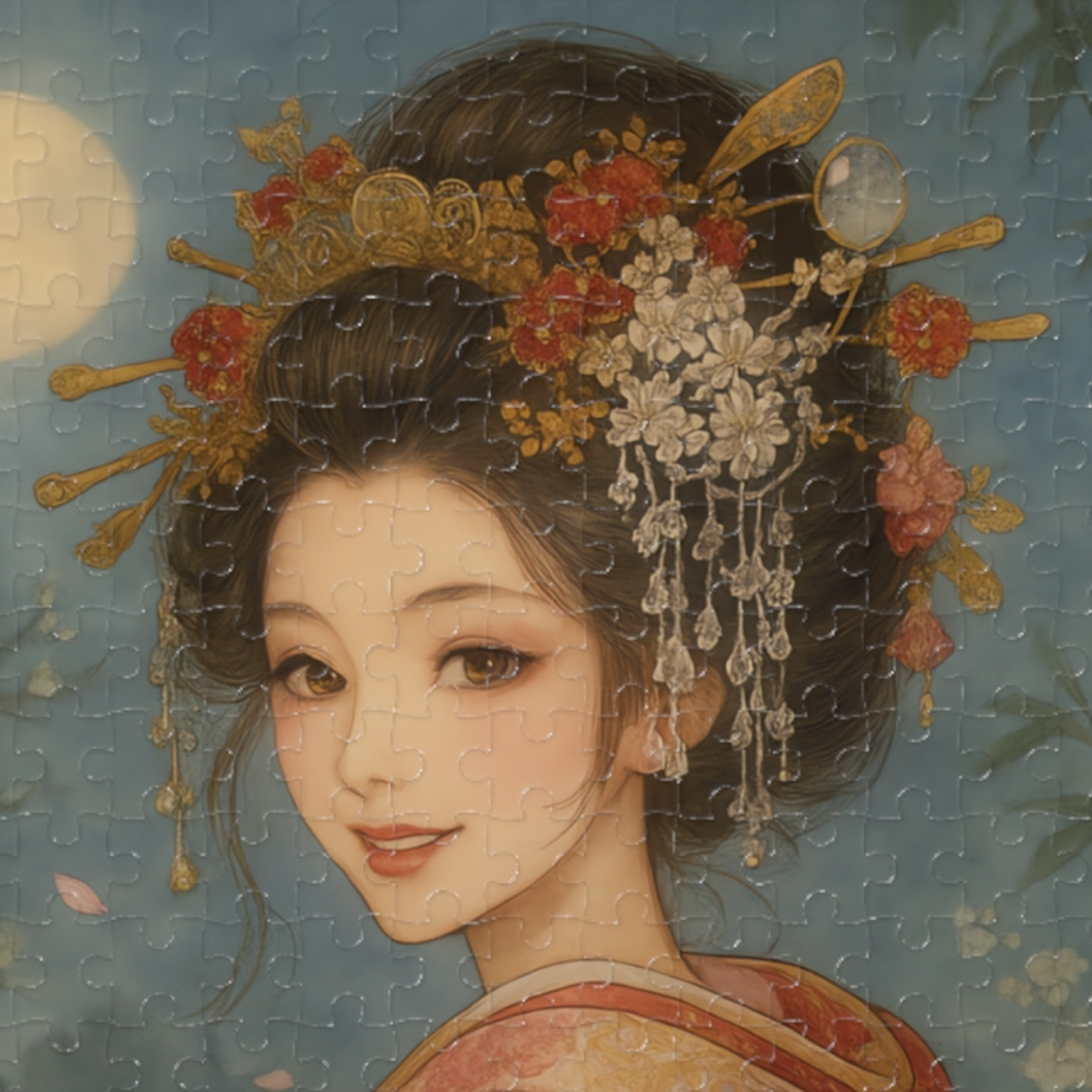 Twilight Blossom｜Japanese Kimono Woman Under Sakura Petals : A Japanese Art Puzzle by SakuraWaStyle product thumbnail image