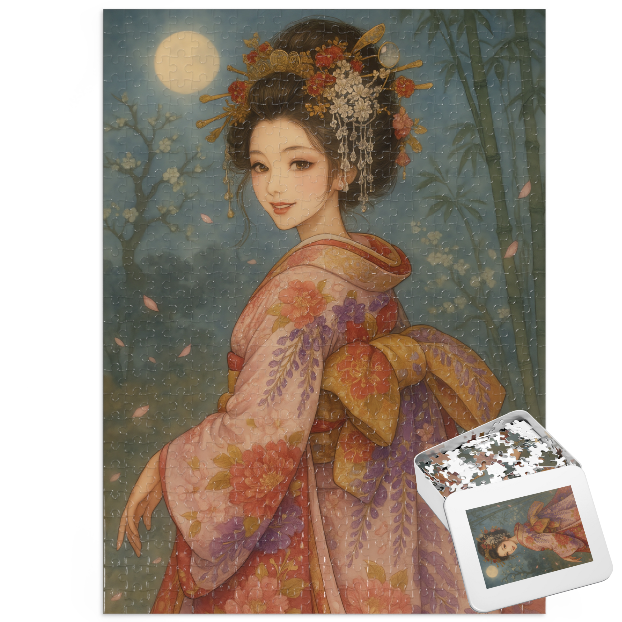 Twilight Blossom｜Japanese Kimono Woman Under Sakura Petals : A Japanese Art Puzzle by SakuraWaStyle product thumbnail image