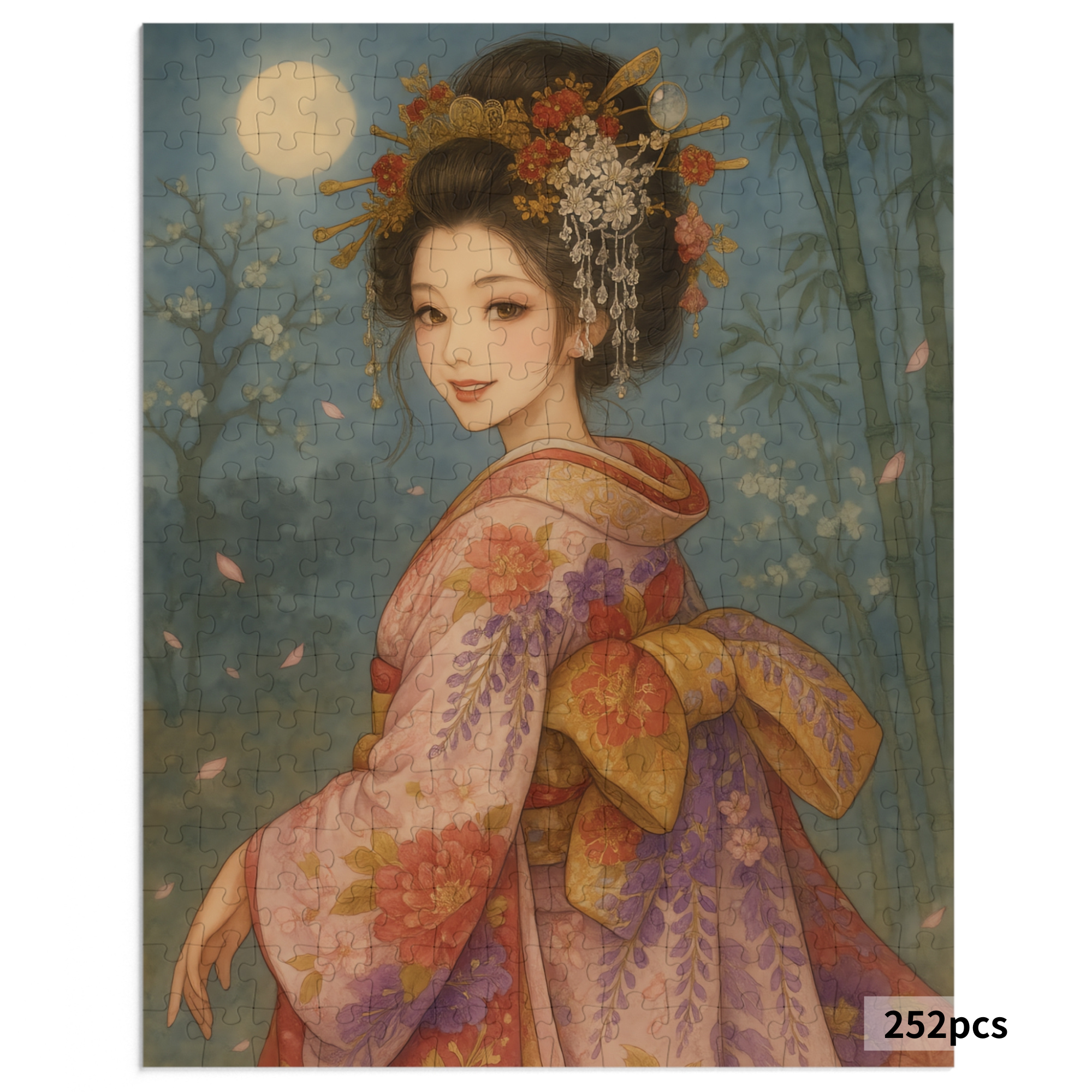 Twilight Blossom｜Japanese Kimono Woman Under Sakura Petals : A Japanese Art Puzzle by SakuraWaStyle product thumbnail image