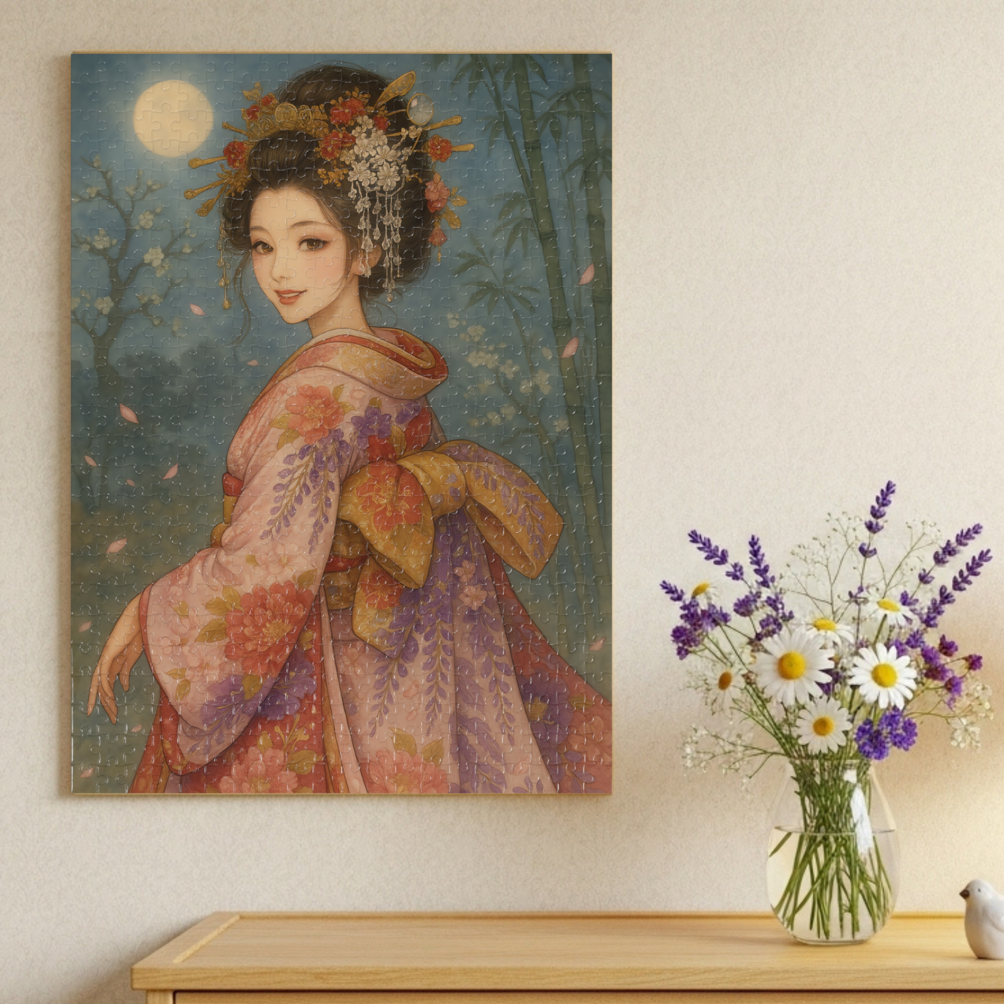 Twilight Blossom｜Japanese Kimono Woman Under Sakura Petals : A Japanese Art Puzzle by SakuraWaStyle product thumbnail image