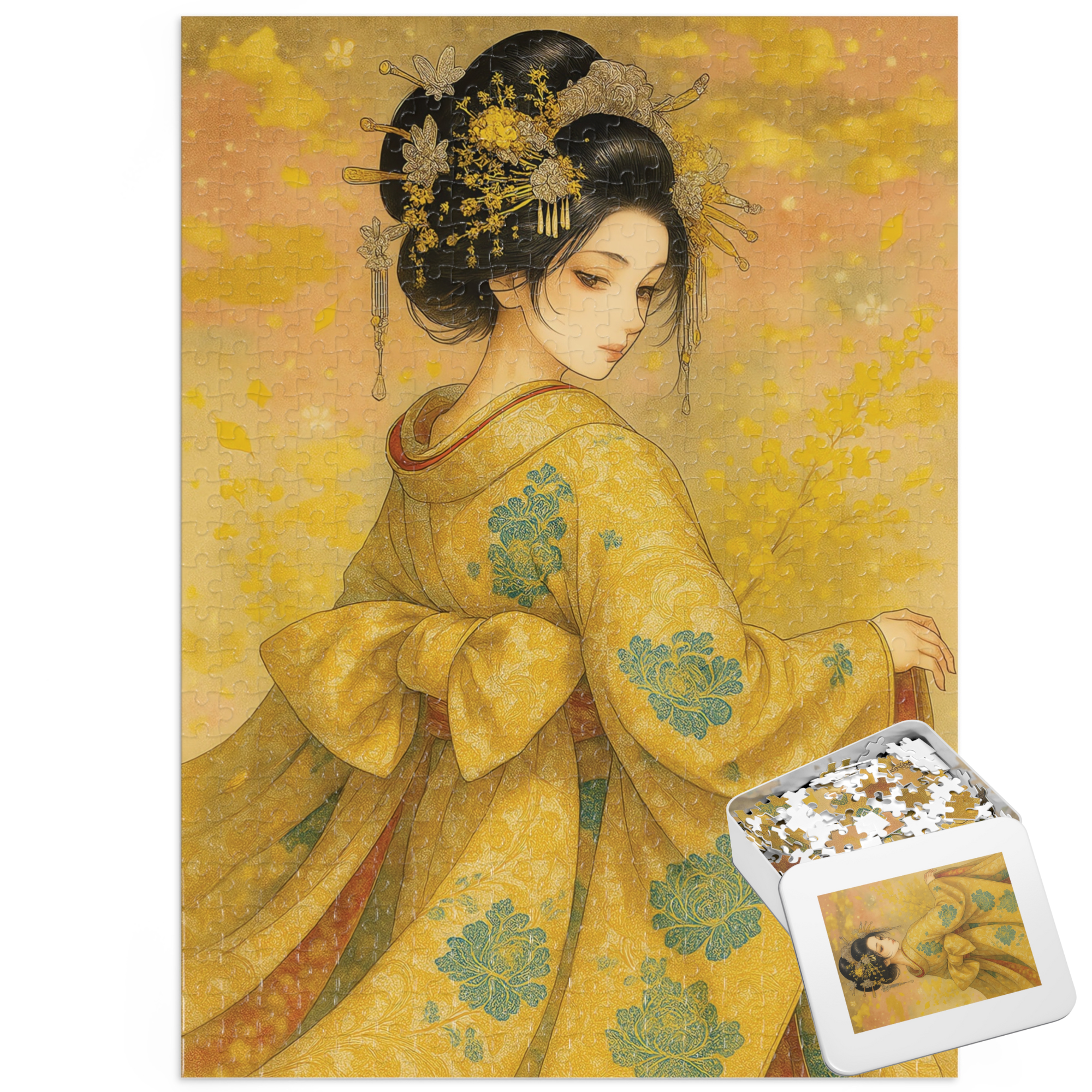 Golden Stillness｜Japanese Kimono Woman in Quiet Grace : A Japanese Art Puzzle by SakuraWaStyle
