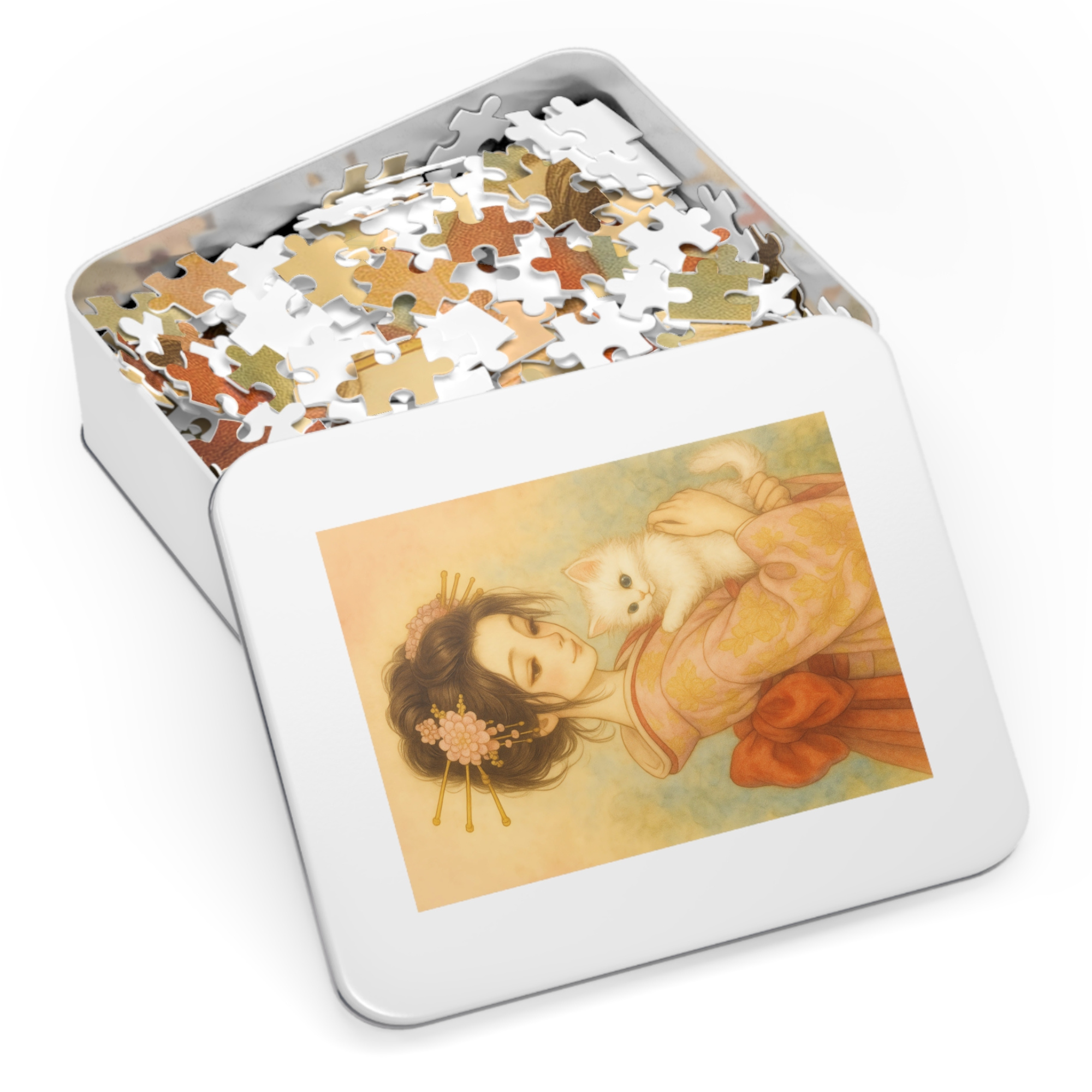 Kimono Beauty Puzzle – A girl in an orange kimono holding a white kitten (252 / 500 / 1000 Pieces) product thumbnail image