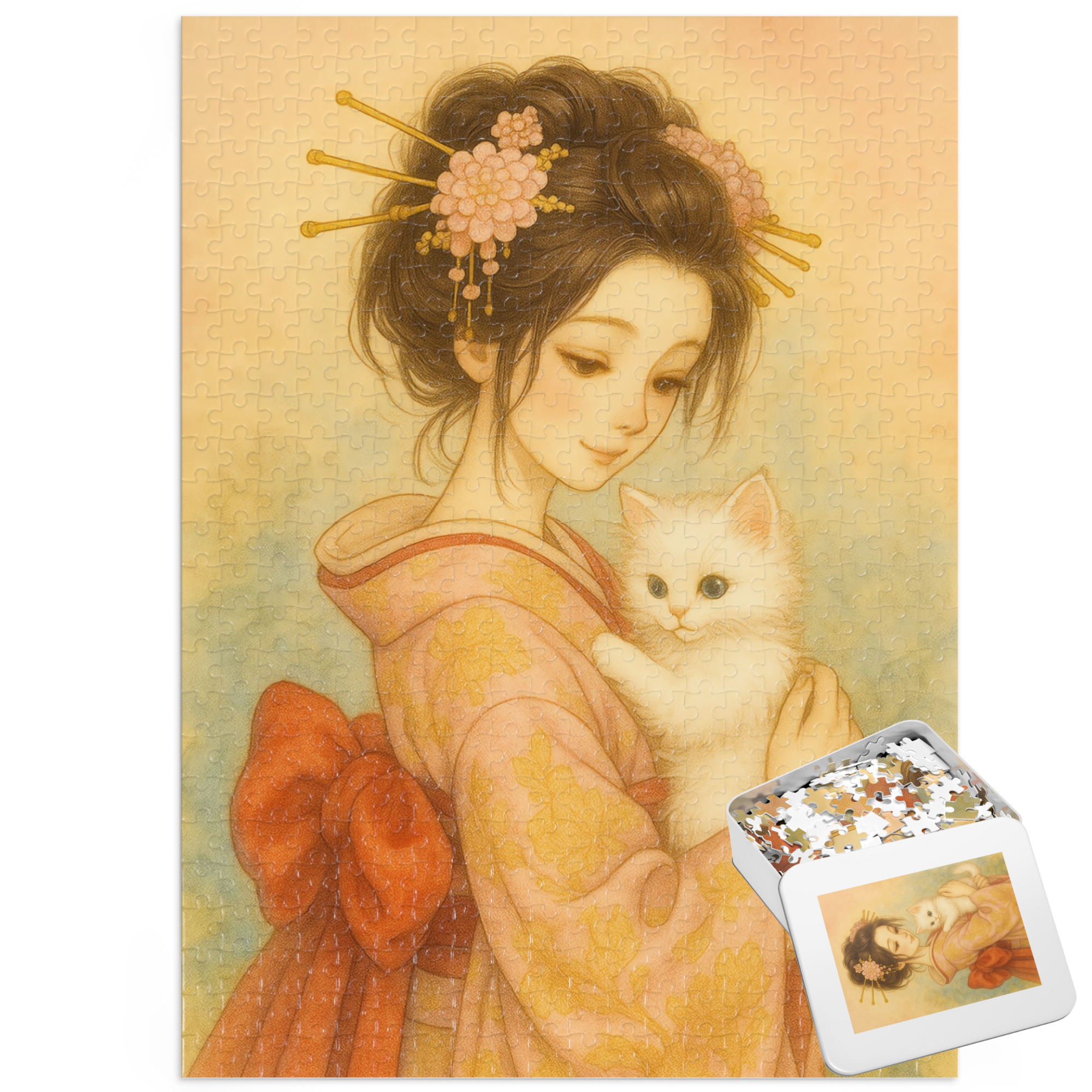Kimono Beauty Puzzle – A girl in an orange kimono holding a white kitten (252 / 500 / 1000 Pieces)