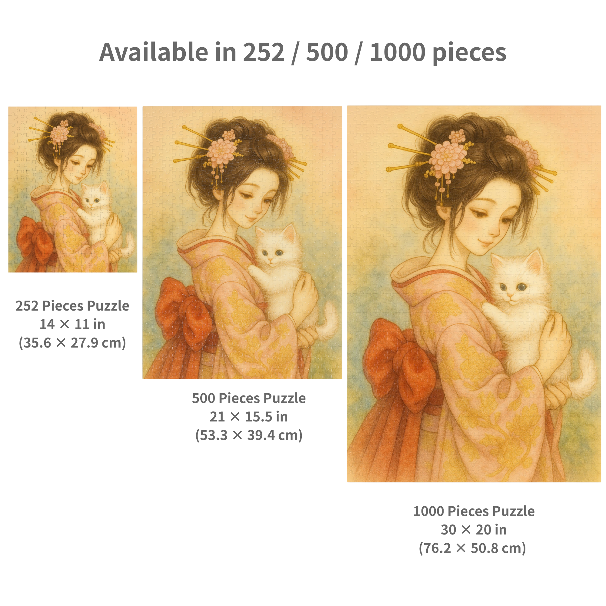 Kimono Beauty Puzzle – A girl in an orange kimono holding a white kitten (252 / 500 / 1000 Pieces) product thumbnail image