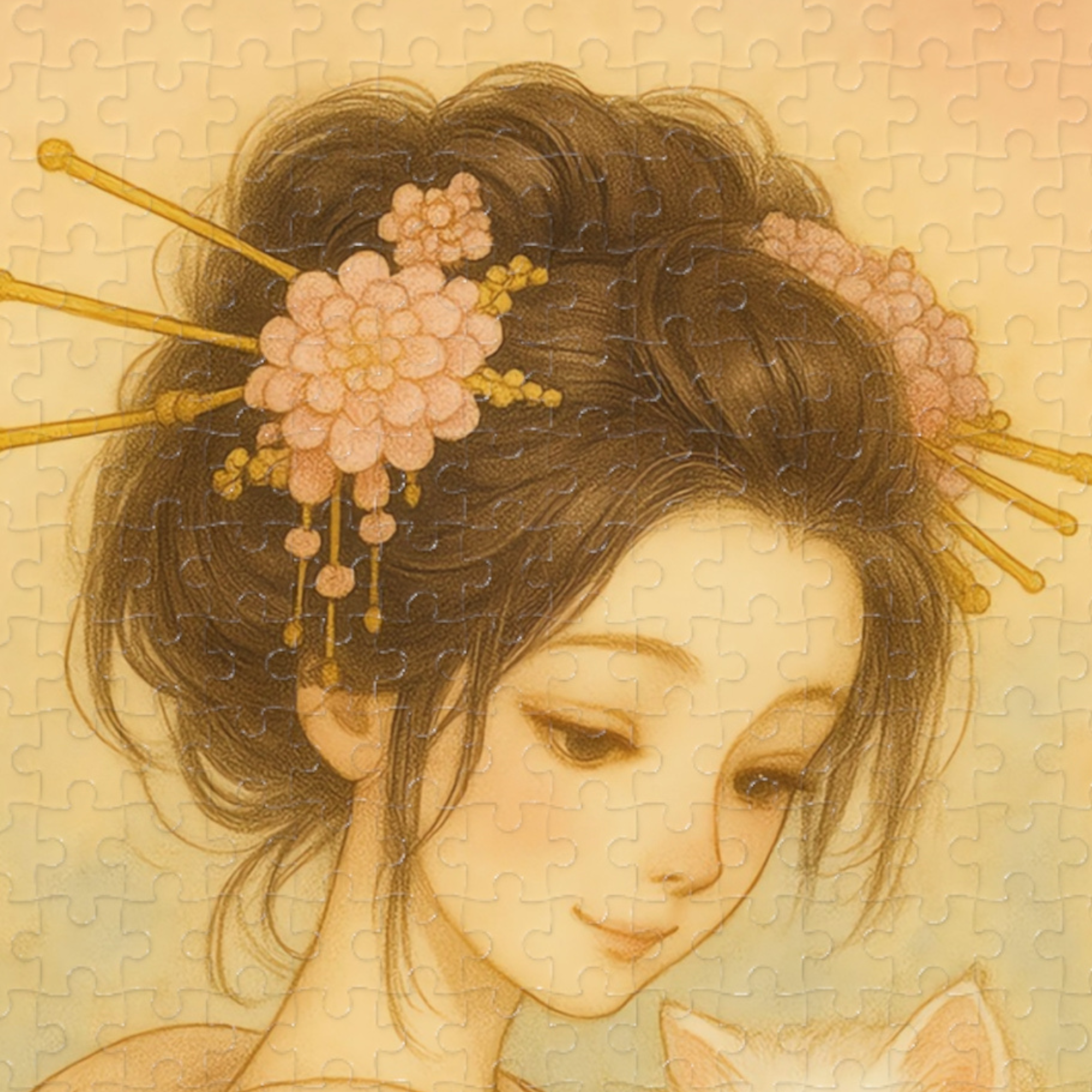 Kimono Beauty Puzzle – A girl in an orange kimono holding a white kitten (252 / 500 / 1000 Pieces) product thumbnail image