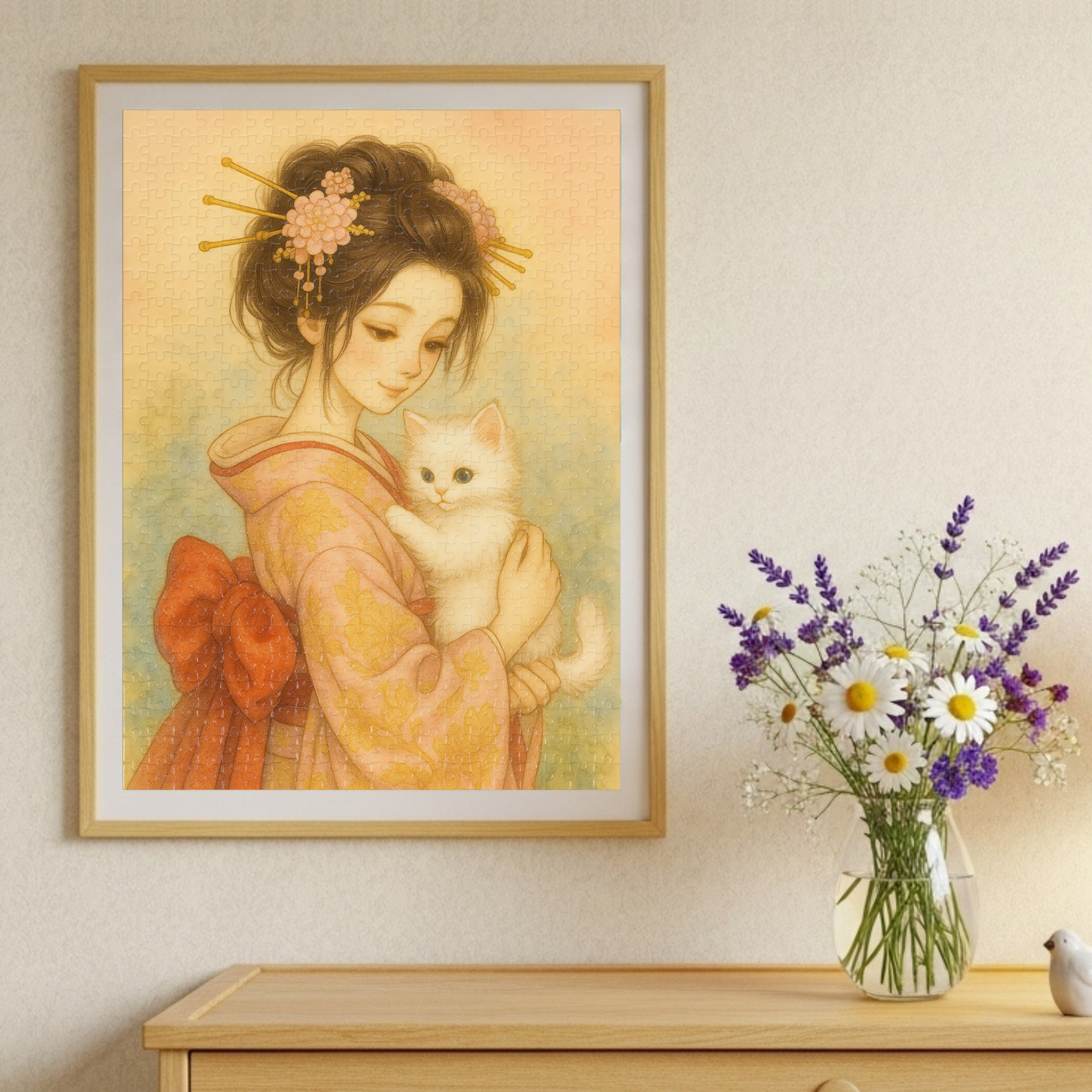 Kimono Beauty Puzzle – A girl in an orange kimono holding a white kitten (252 / 500 / 1000 Pieces) product thumbnail image