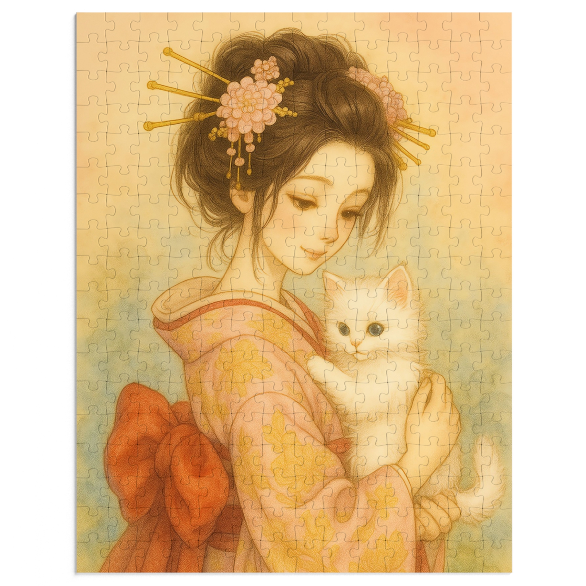 Kimono Beauty Puzzle – A girl in an orange kimono holding a white kitten (252 / 500 / 1000 Pieces) product thumbnail image