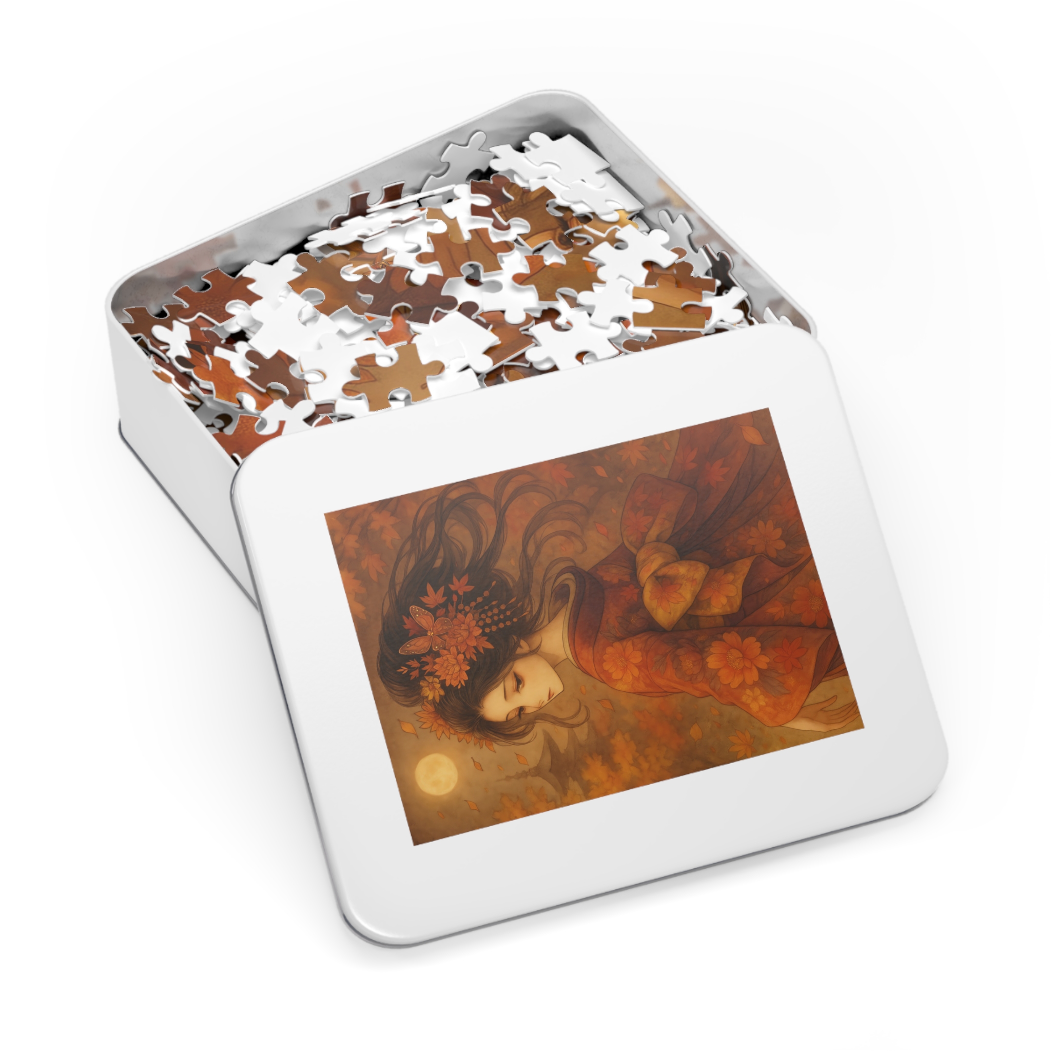 Kimono Beauty Puzzle – Red Kimono and Falling Autumn Leaves on a Moonlit Night (252 / 500 / 1000 Pieces) product thumbnail image