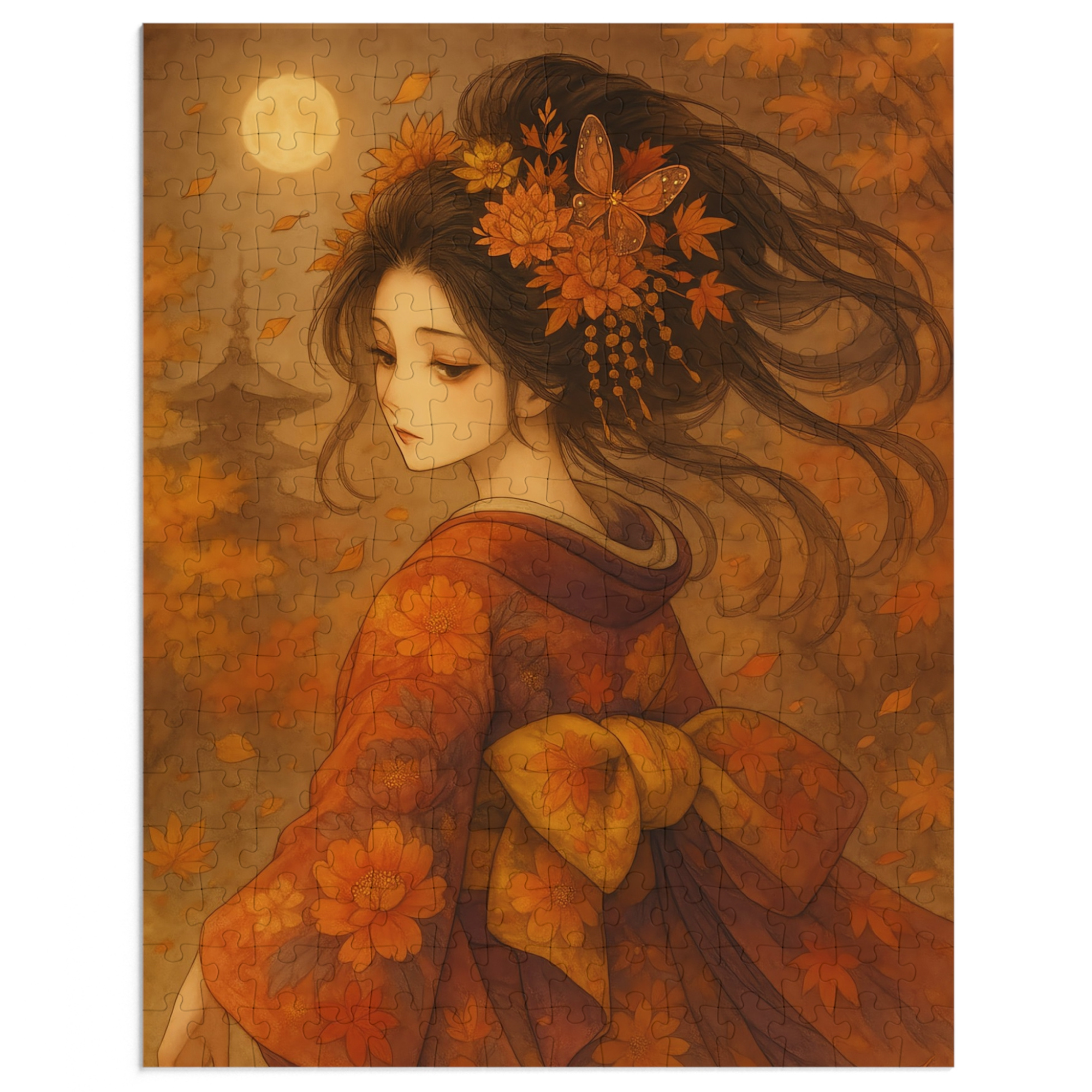 Kimono Beauty Puzzle – Red Kimono and Falling Autumn Leaves on a Moonlit Night (252 / 500 / 1000 Pieces) product thumbnail image