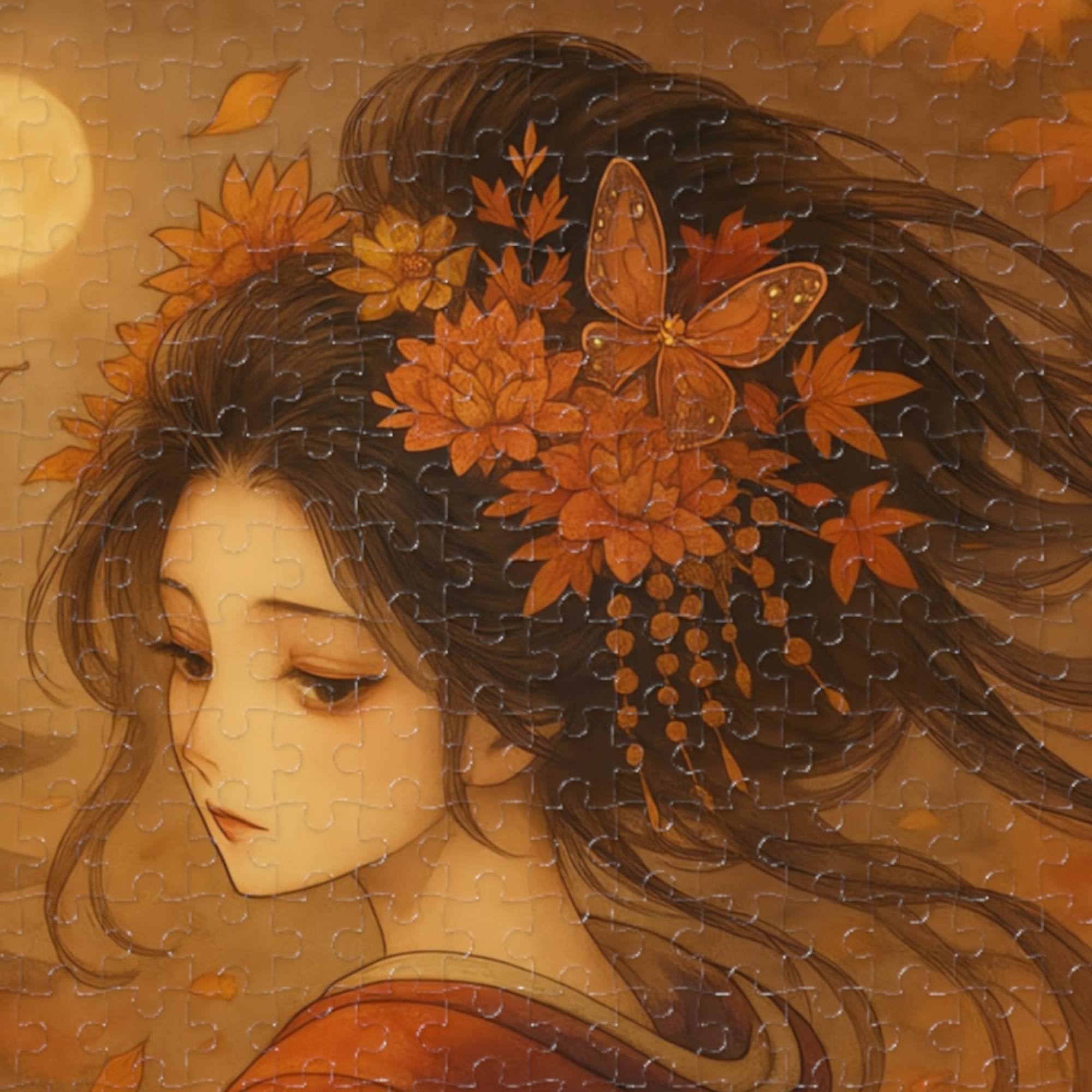 Kimono Beauty Puzzle – Red Kimono and Falling Autumn Leaves on a Moonlit Night (252 / 500 / 1000 Pieces) product thumbnail image