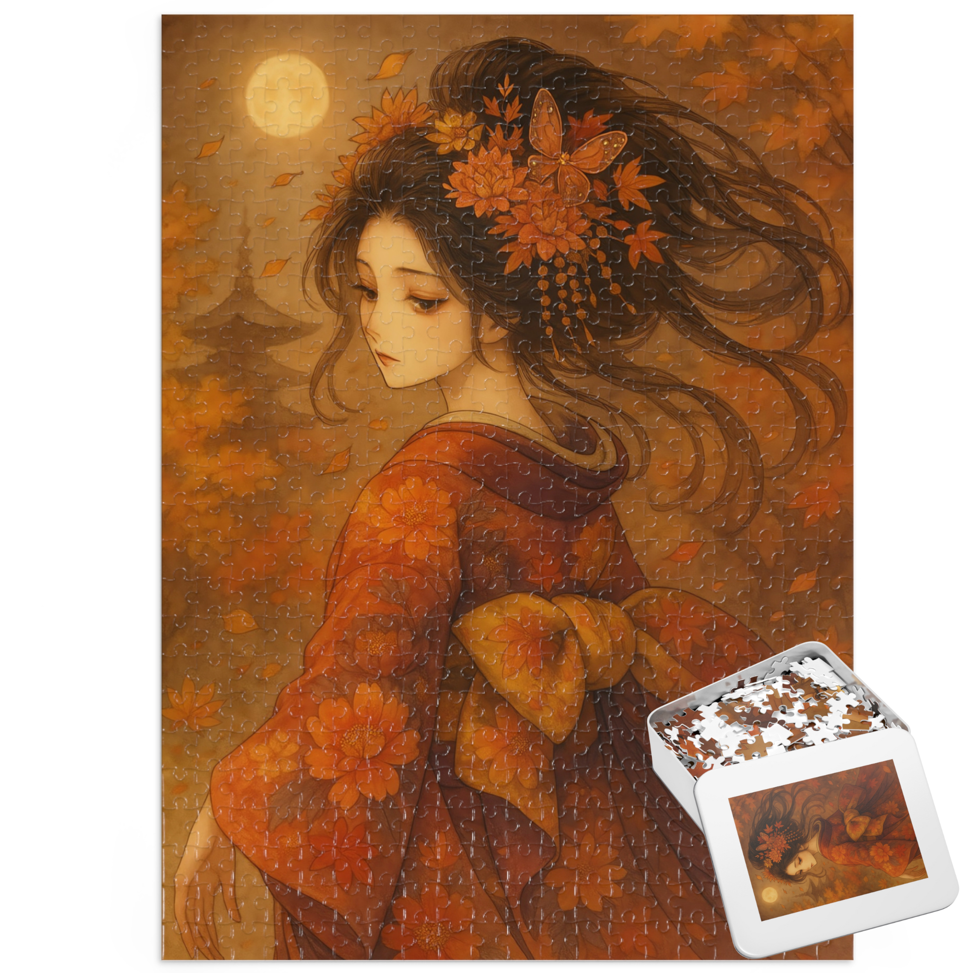 Kimono Beauty Puzzle – Red Kimono and Falling Autumn Leaves on a Moonlit Night (252 / 500 / 1000 Pieces)