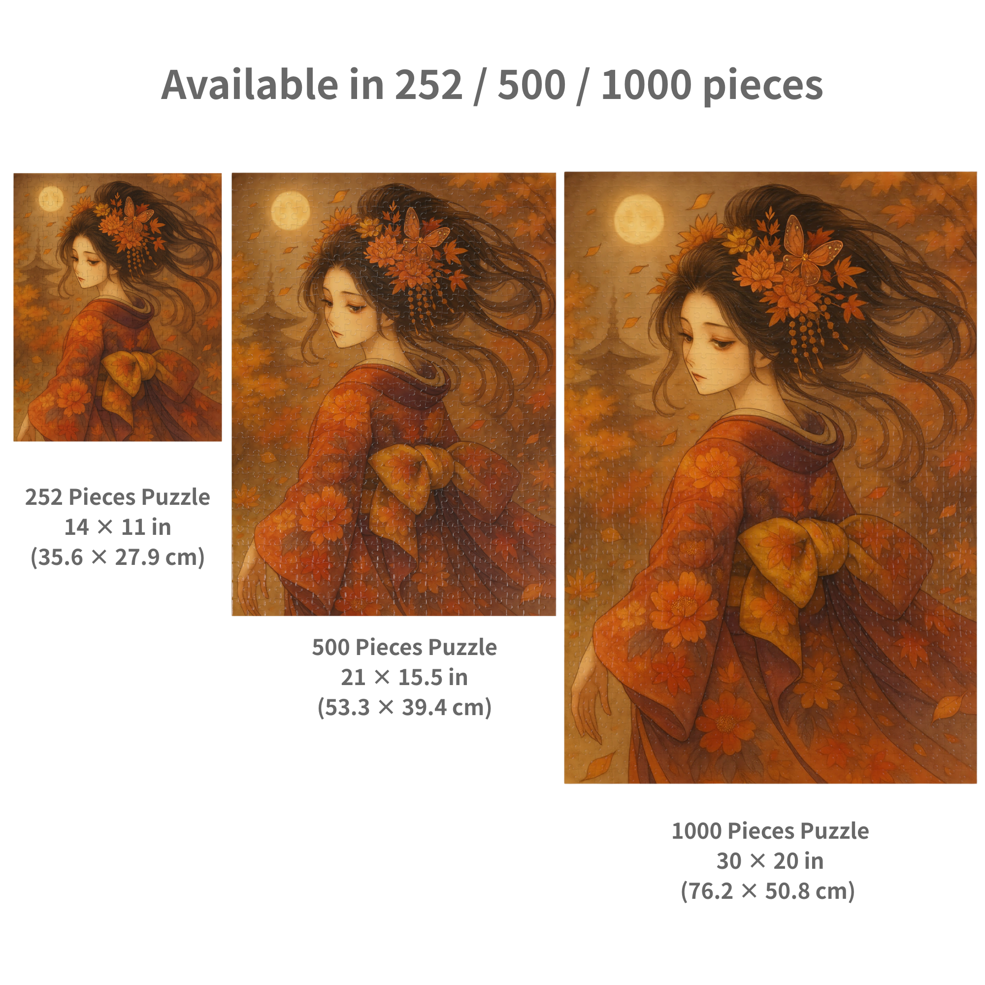 Kimono Beauty Puzzle – Red Kimono and Falling Autumn Leaves on a Moonlit Night (252 / 500 / 1000 Pieces) product thumbnail image