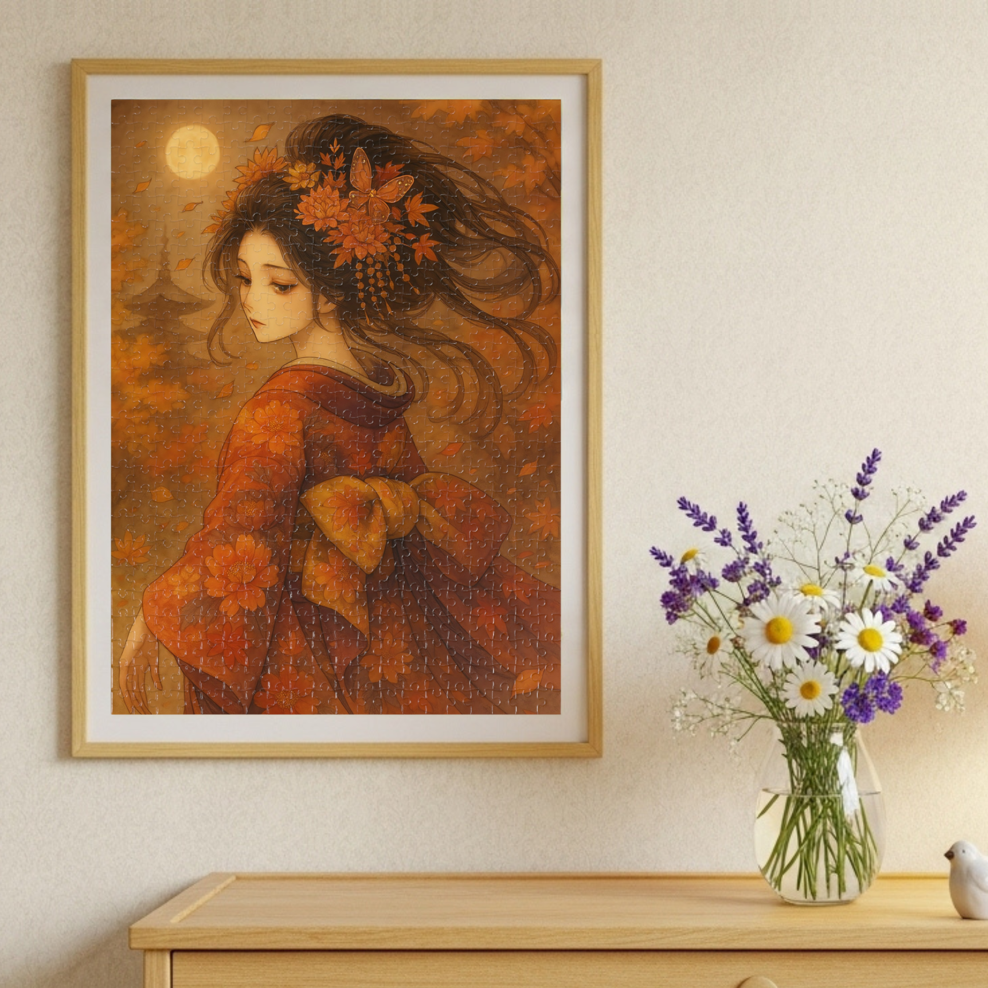 Kimono Beauty Puzzle – Red Kimono and Falling Autumn Leaves on a Moonlit Night (252 / 500 / 1000 Pieces) product thumbnail image